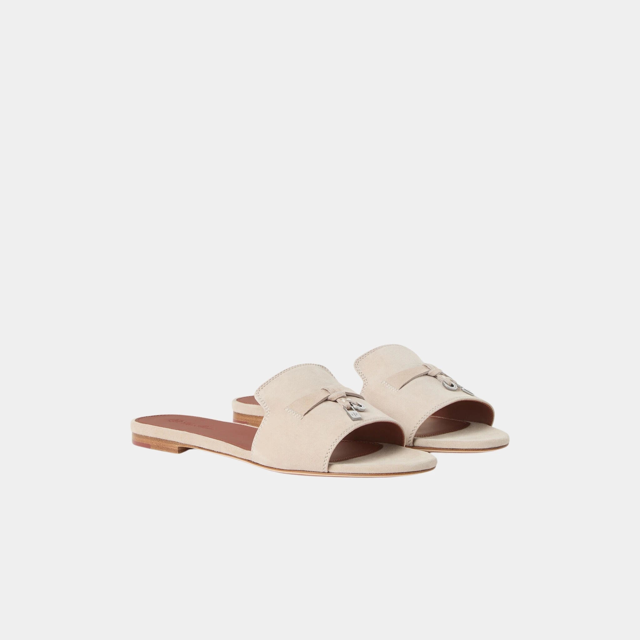 Loro Piana Summer Charms Sandal Flat In Suede Goatskin, Colour Raw Cashmere, Front