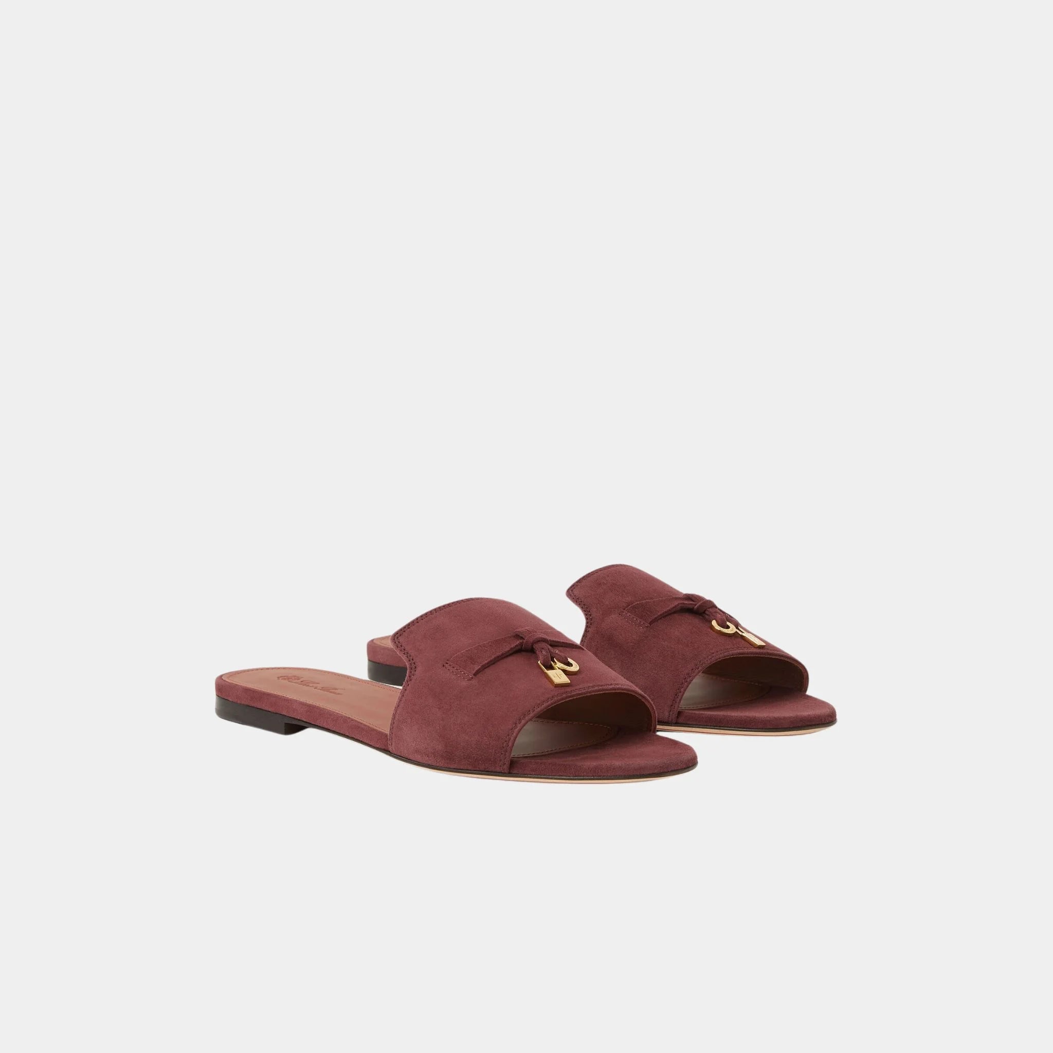 Loro Piana Summer Charms Sandal Flat In Suede Goatskin, Oxblood, Front