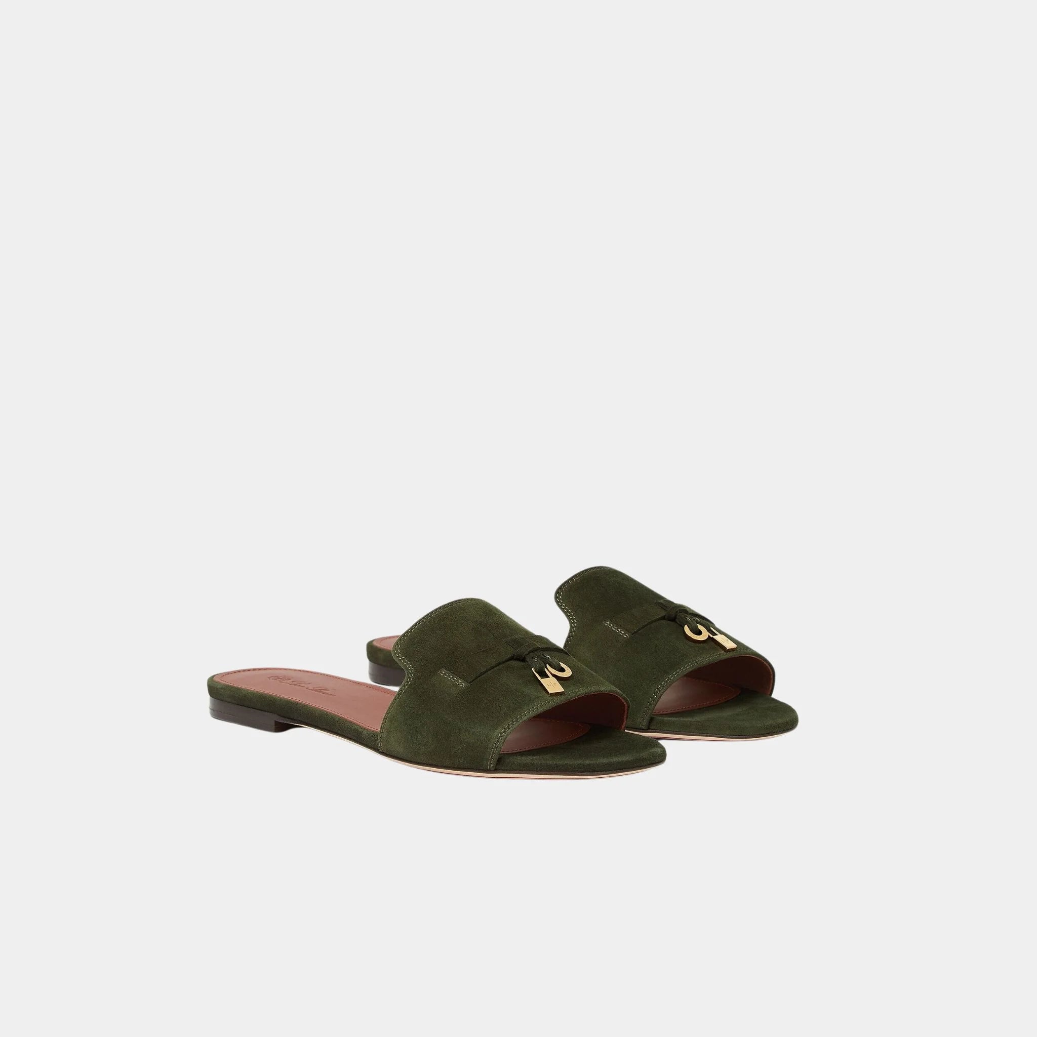 Loro Piana Summer Charms Sandal Flat In Suede Goatskin, Ribbon Green, Front