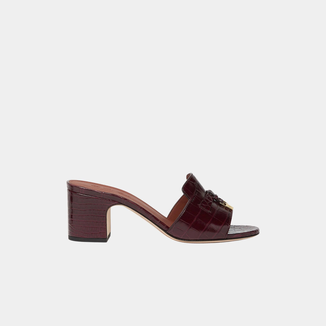Loro Piana Summer Charms Heeled Sandal in Crocodile Leather, Oxblood, Side