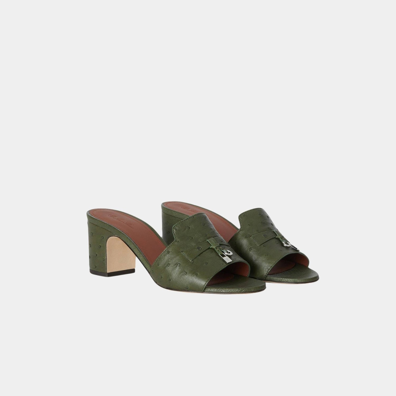 Loro Piana Summer Charms Heeled Sandal Ostrich Leather, Dark Lichen Green, Front