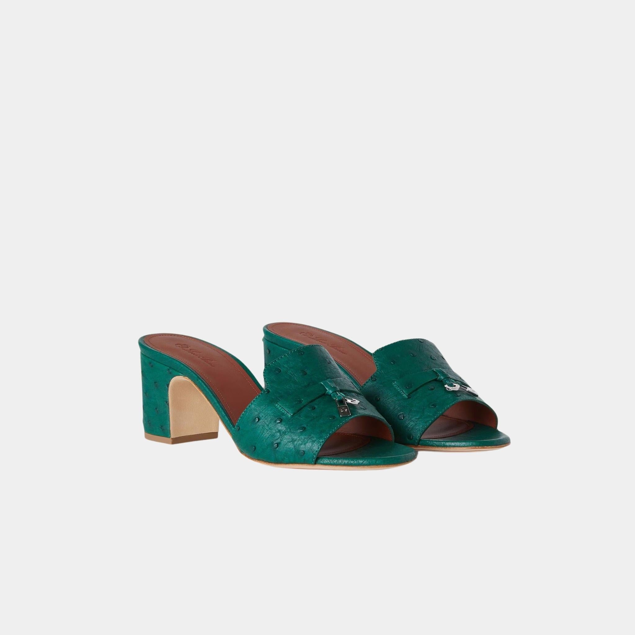 Loro Piana Summer Charms Heeled Sandal Ostrich Leather, Forest Leaves, Front