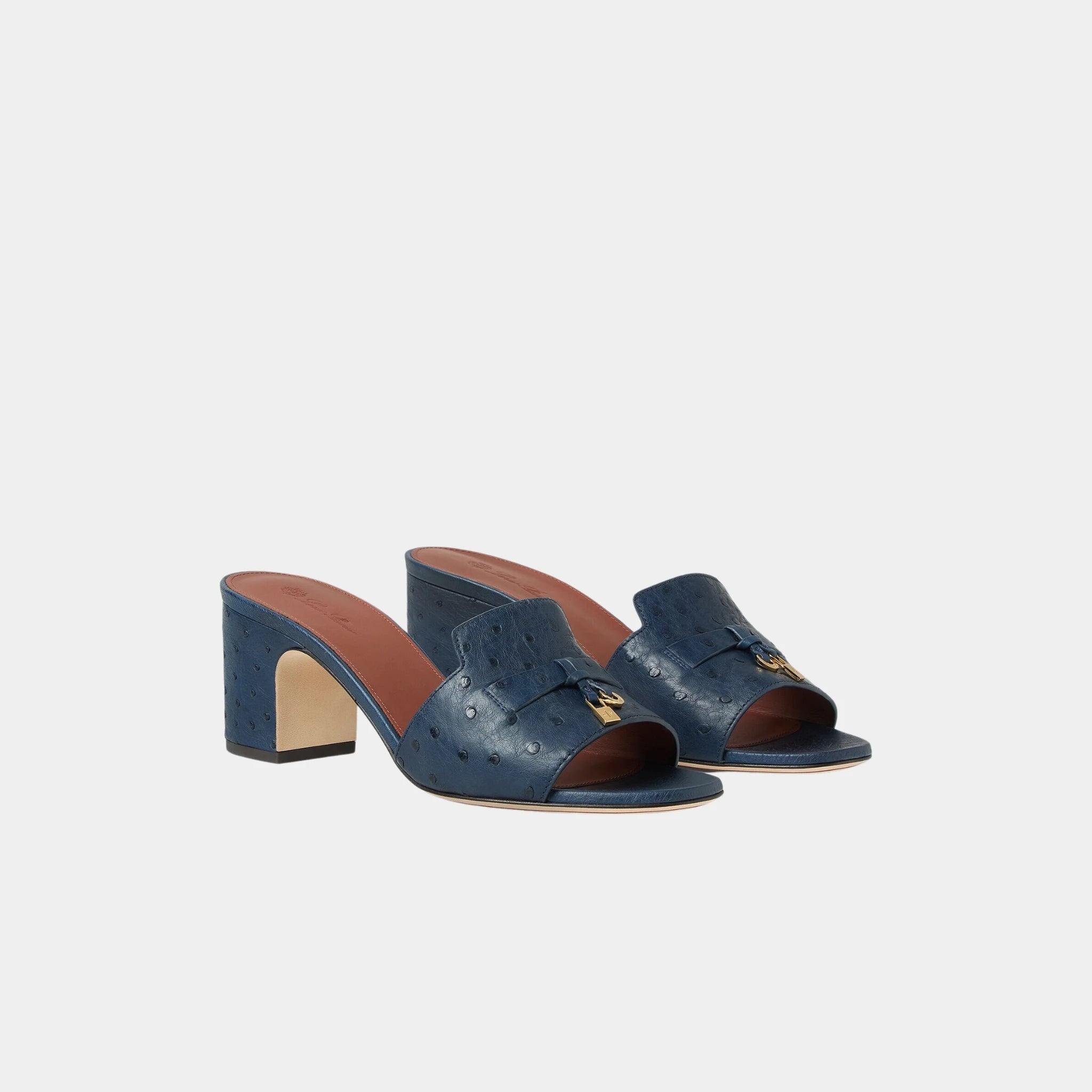 Loro Piana Summer Charms Heeled Sandal Ostrich Leather, Ocean Heart, Front