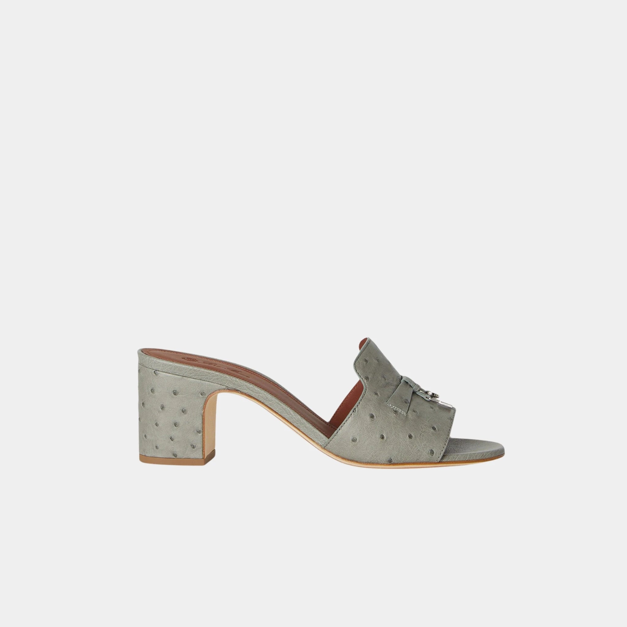 Loro Piana Summer Charms Heeled Sandal Ostrich Leather, Yerba Mate, Side