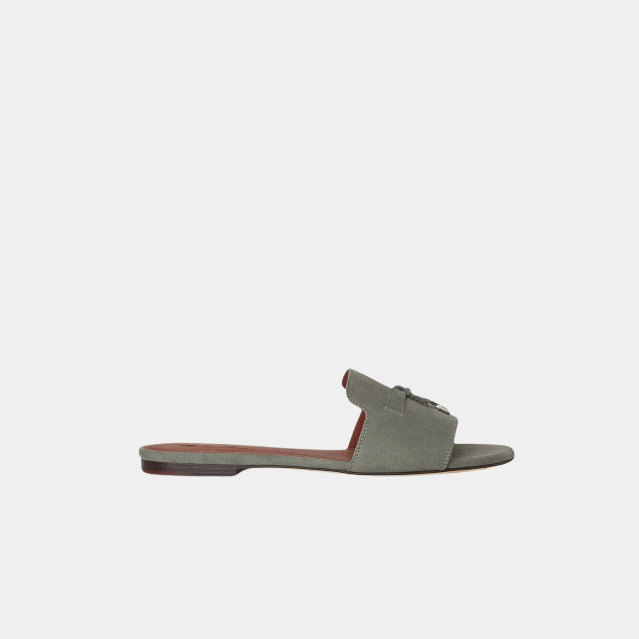 Loro Piana Summer Charms Sandal Suede Goatskin Flats, Army Gray, Side