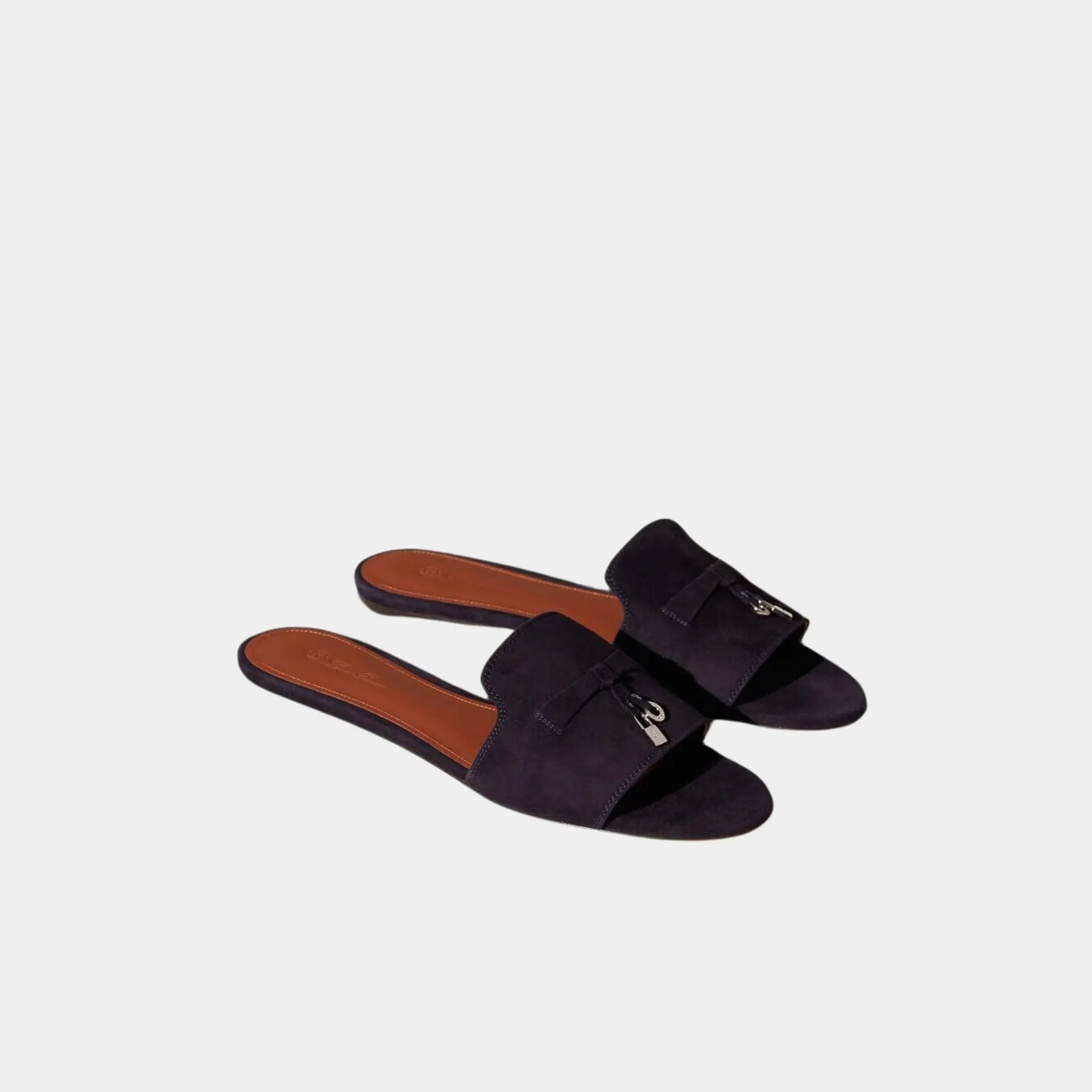 Loro Piana Summer Charms Suede Goatskin Flat Sandal, Navy Blue, Front