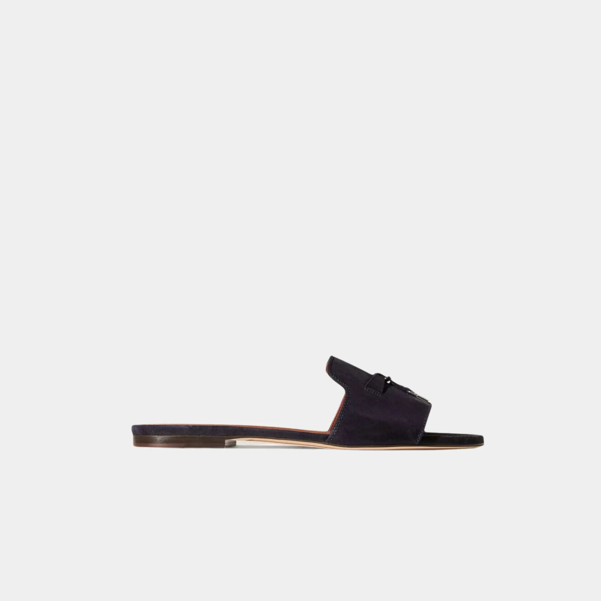 Loro Piana Summer Charms Suede Goatskin Flat Sandal, Navy Blue, Side