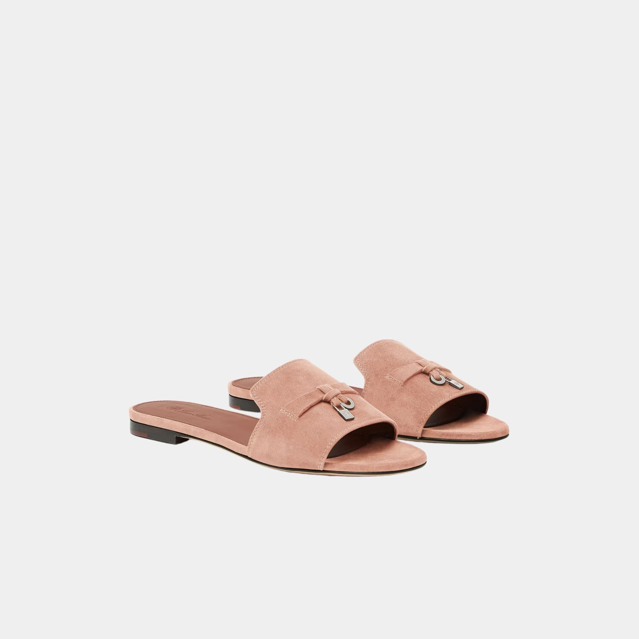 Loro Piana Summer Charms Suede Goatskin Flat Sandal, Precious Rose, Front