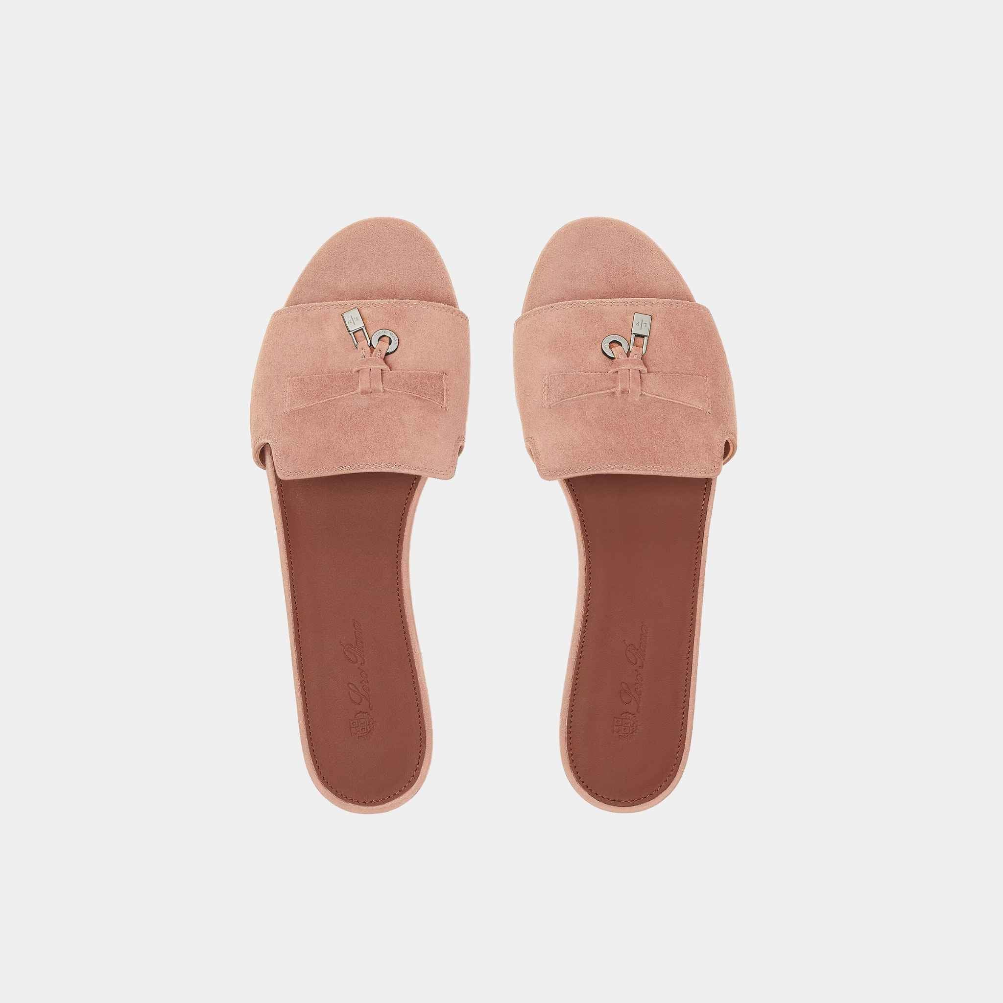 Loro Piana Summer Charms Suede Goatskin Flat Sandal, Precious Rose, Top