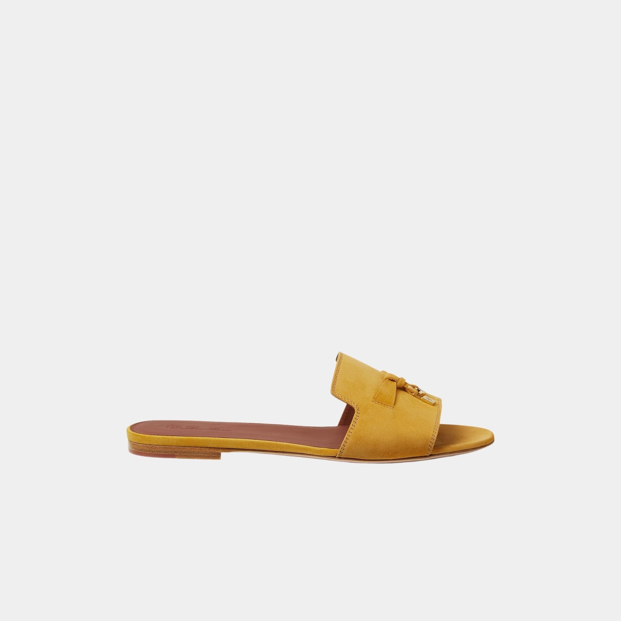 Loro Piana Summer Charms Suede Goatskin Flat Sandal, Saffron Tea, Side