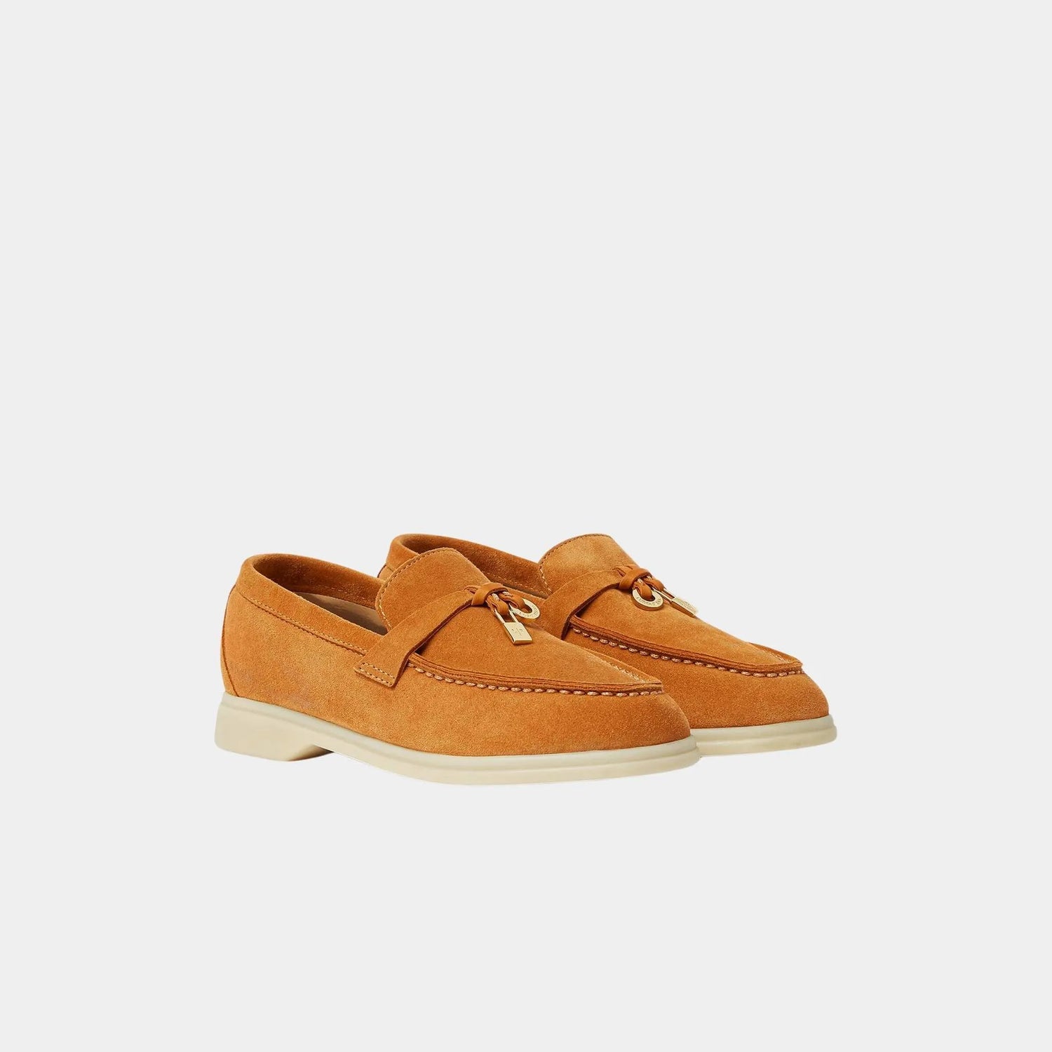 Loro Piana Kids Summer Charms Walk Loafers Suede, Gold Caramel, Front