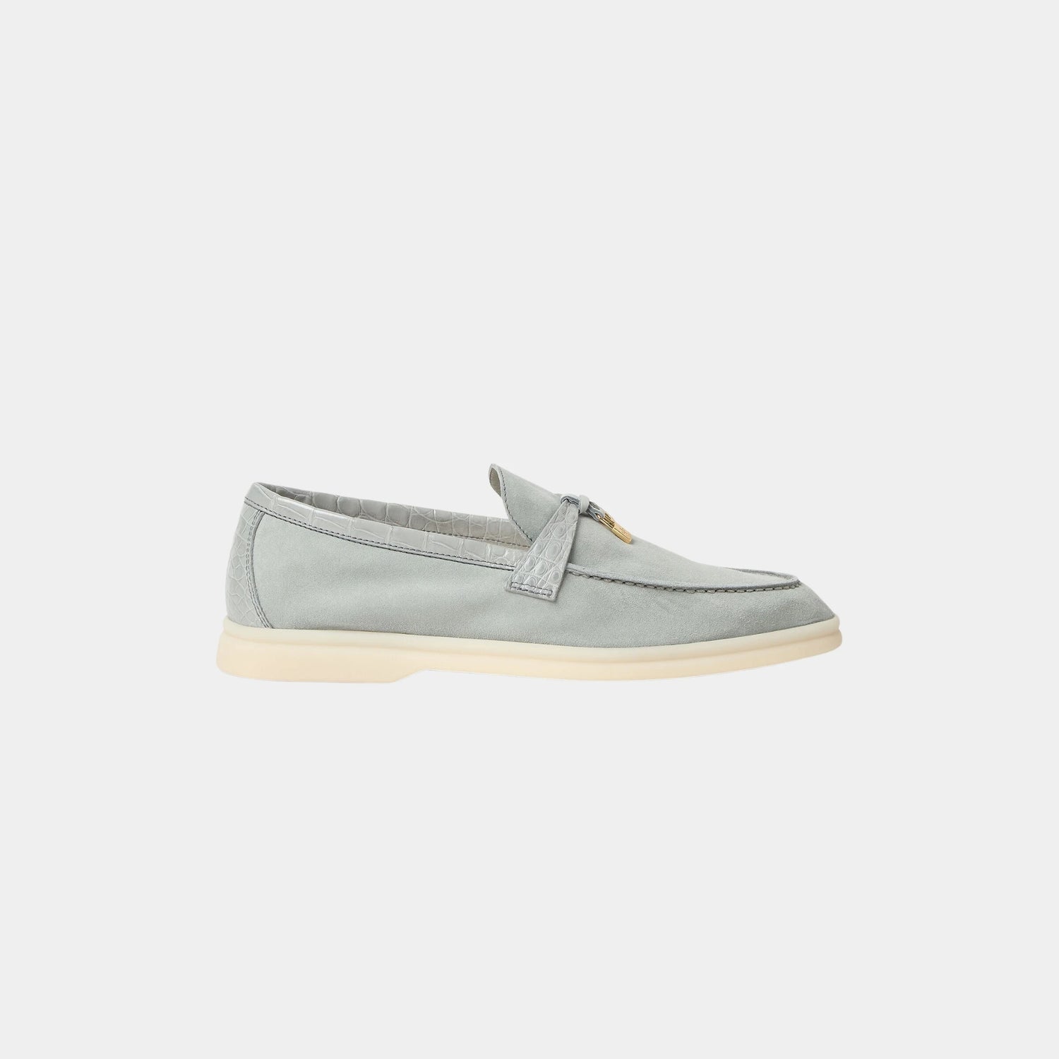 Loro Piana Summer Charms Walk Loafer Suede with Alligator Skin, Eucalyptus, Side