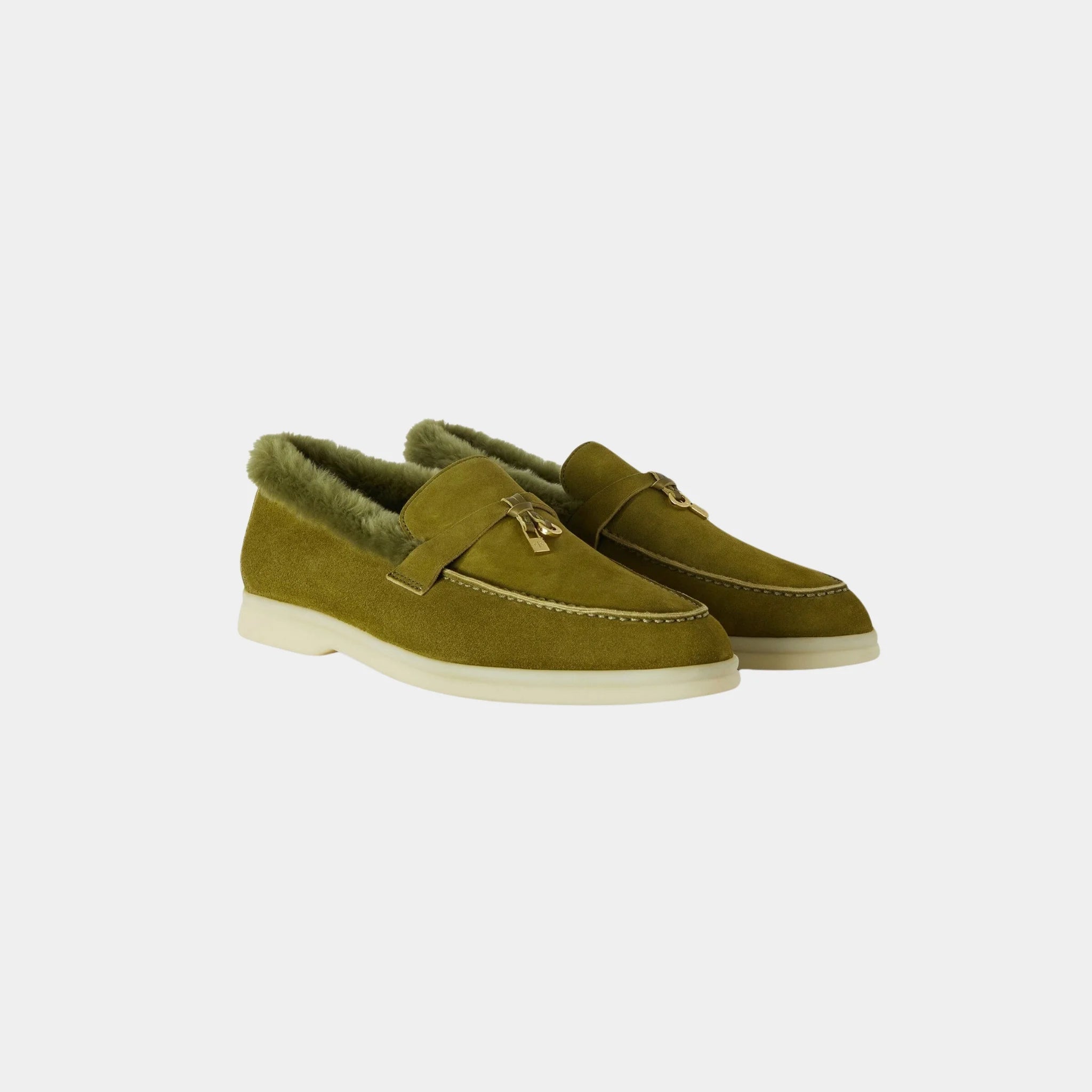 Loro Piana Summer Charms Walk Loafer Suede Beaver Fur Calfskin, Olive Leaf, Front
