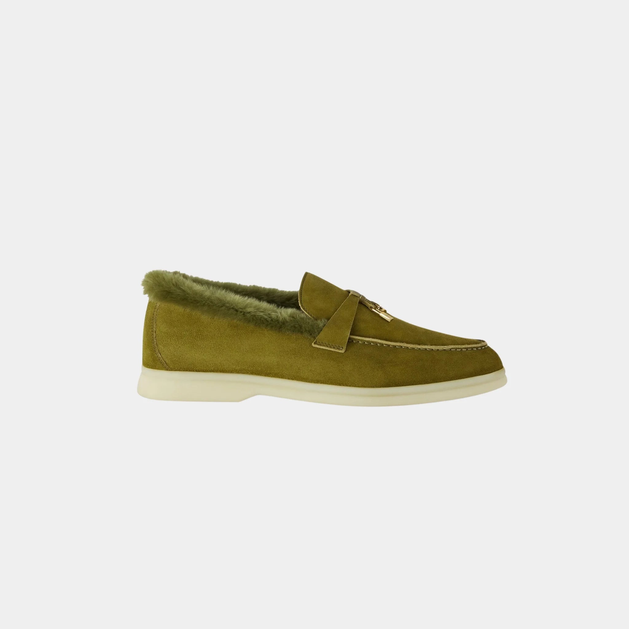 Loro Piana Summer Charms Walk Loafer Suede Beaver Fur Calfskin, Olive Leaf, Side
