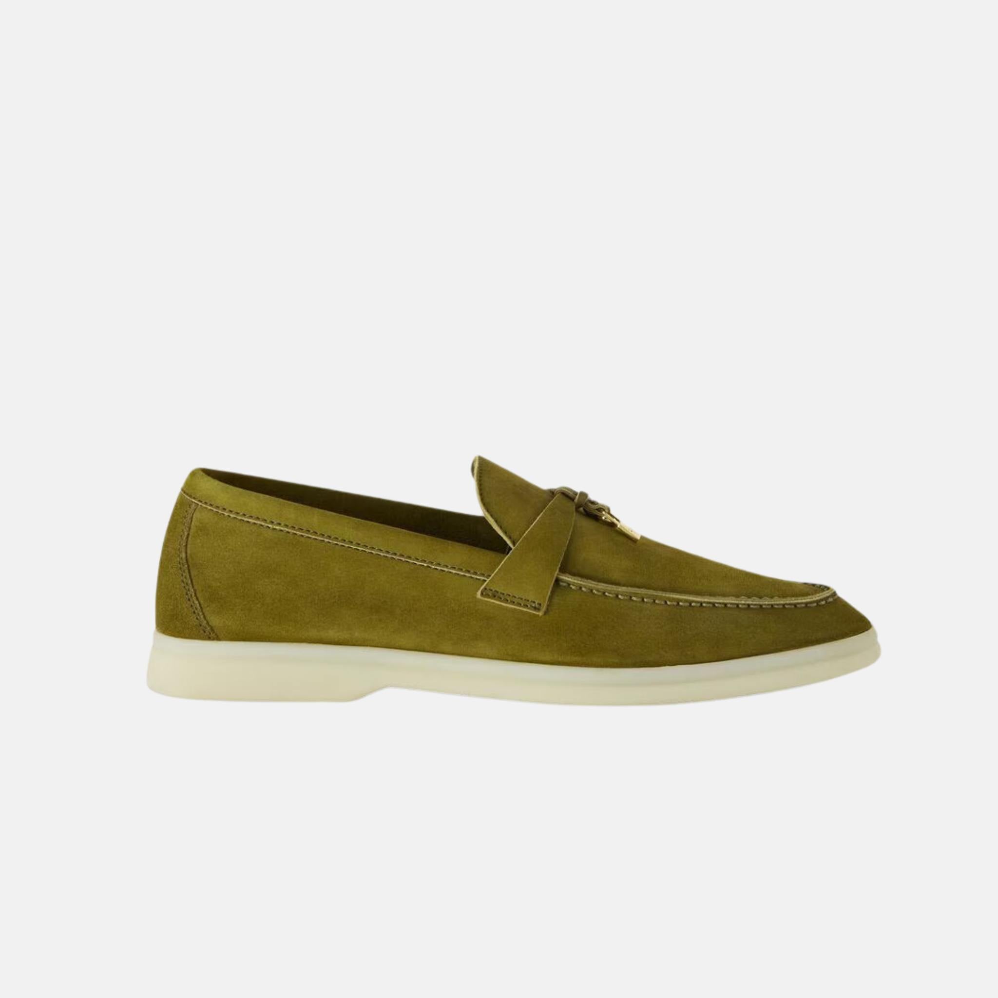 Loro Piana Summer Charms Walk Loafer Suede, Side, Olive Leaf 