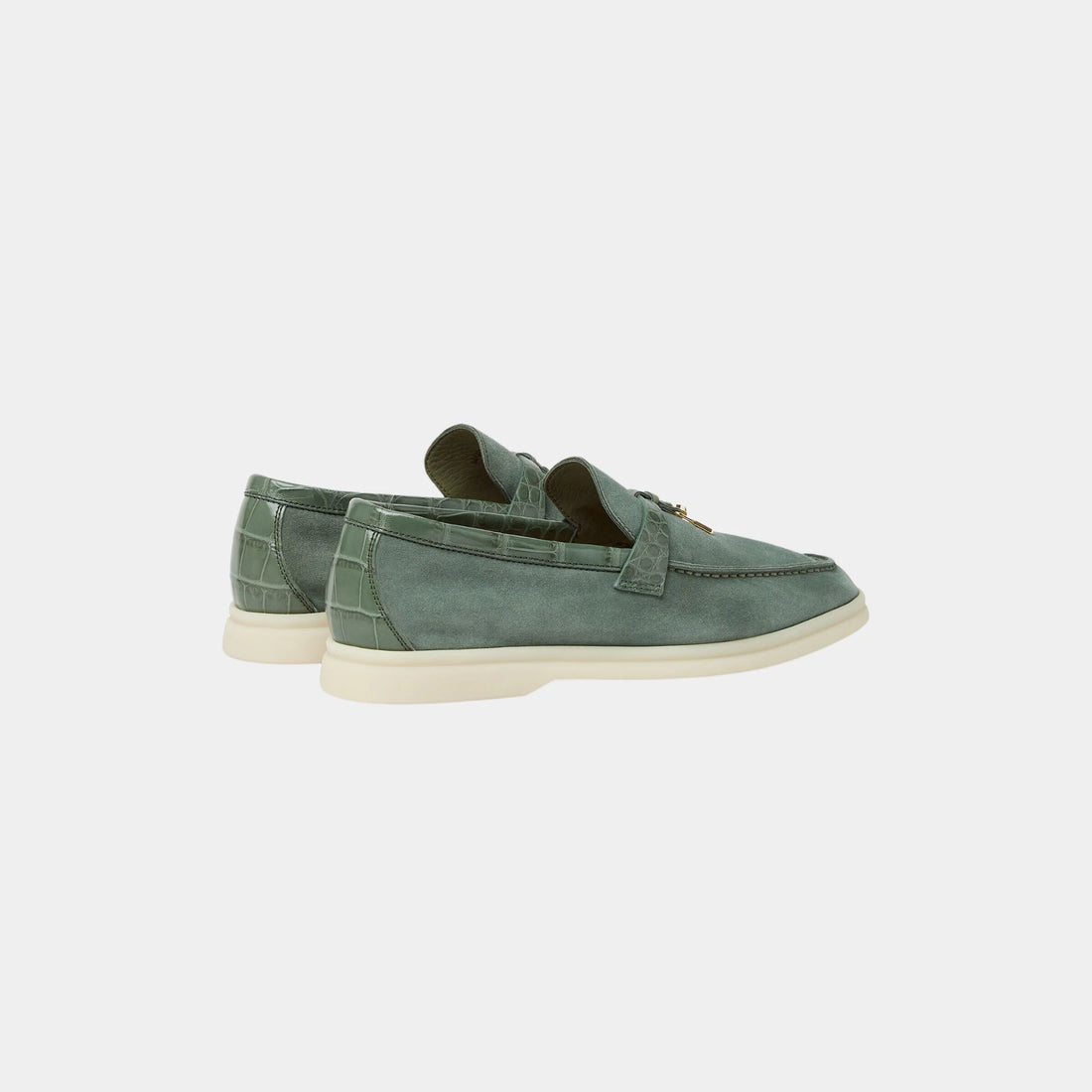 حذاء لوفر Summer Charms Walk من Loro Piana من الشمواه مع جلد التمساح، أخضر لاجون، من الخلف