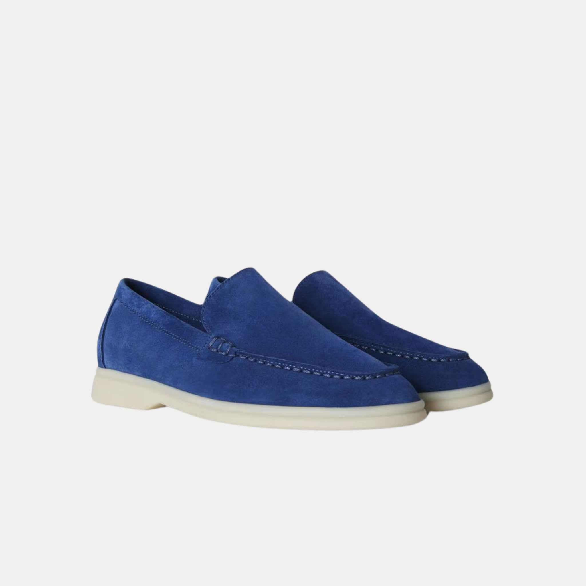 Loro Piana Summer Walk Kids’ Loafers Suede, Dark Cerulean, Front