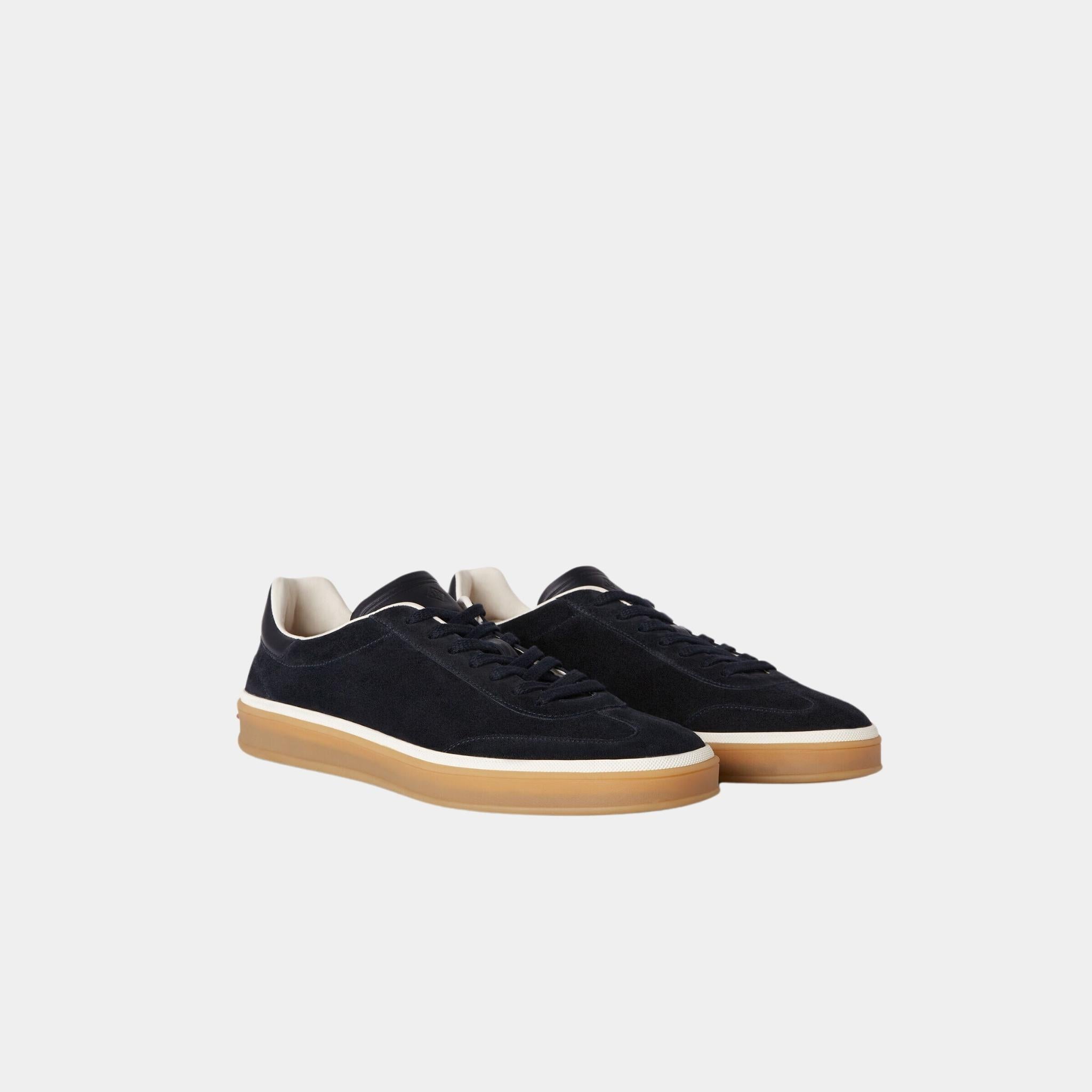 Loro Piana Tennis Walk Suede Calf Split Sneaker, Navy Blue, Front