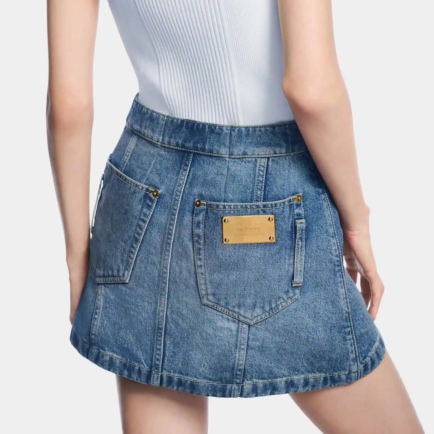 Louis Vuitton Button Front Denim Mini Skirt, Model Back