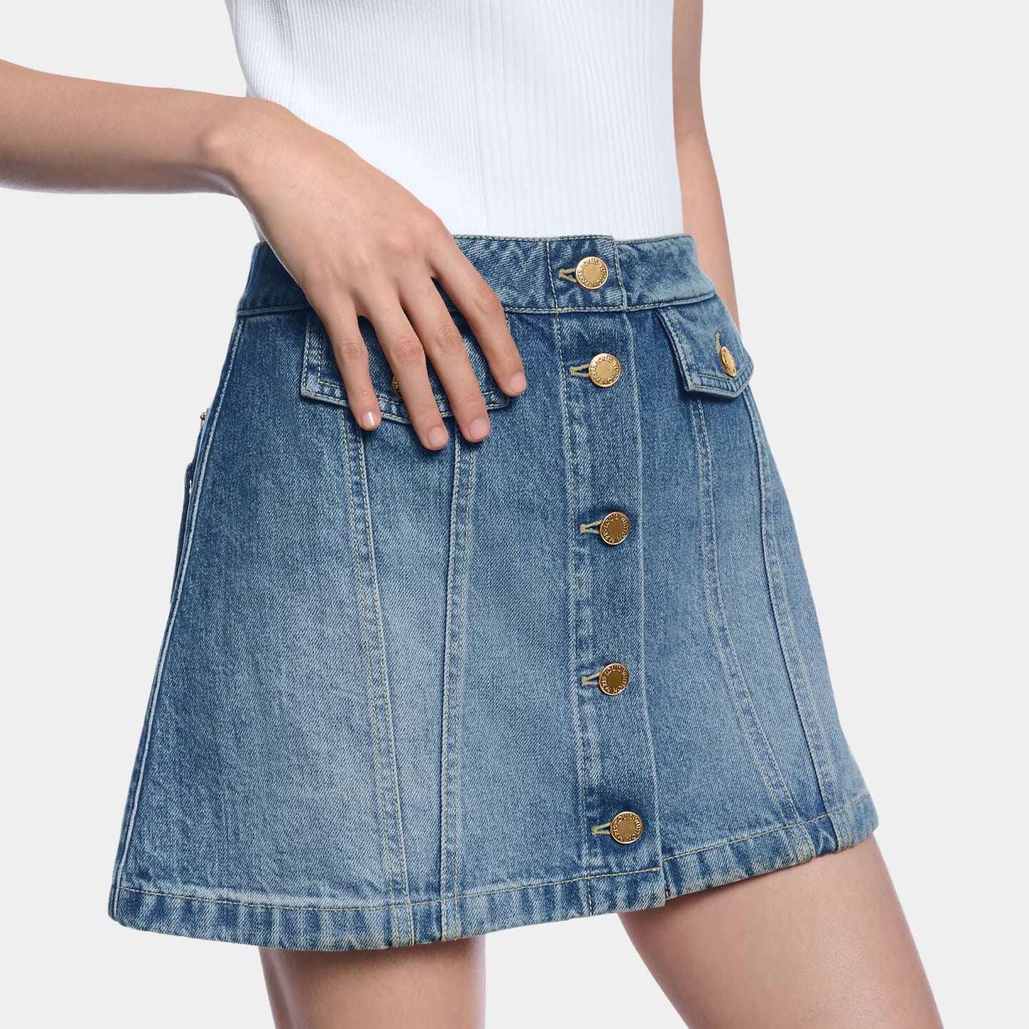 Louis Vuitton Button Front Denim Mini Skirt, Side, Model