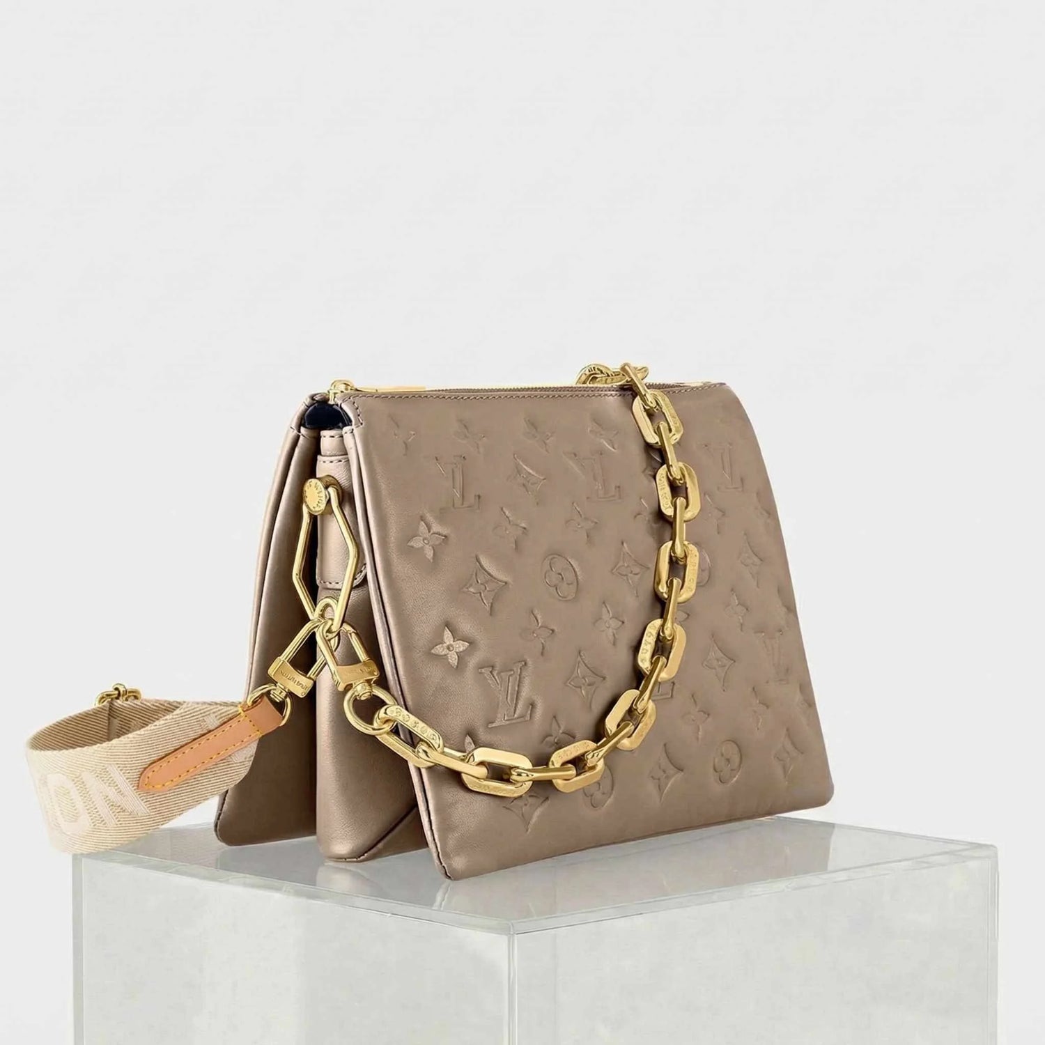Louis Vuitton Coussin PM Handbag Monogram-embossed Puffy Lambskin, Taupe, Side