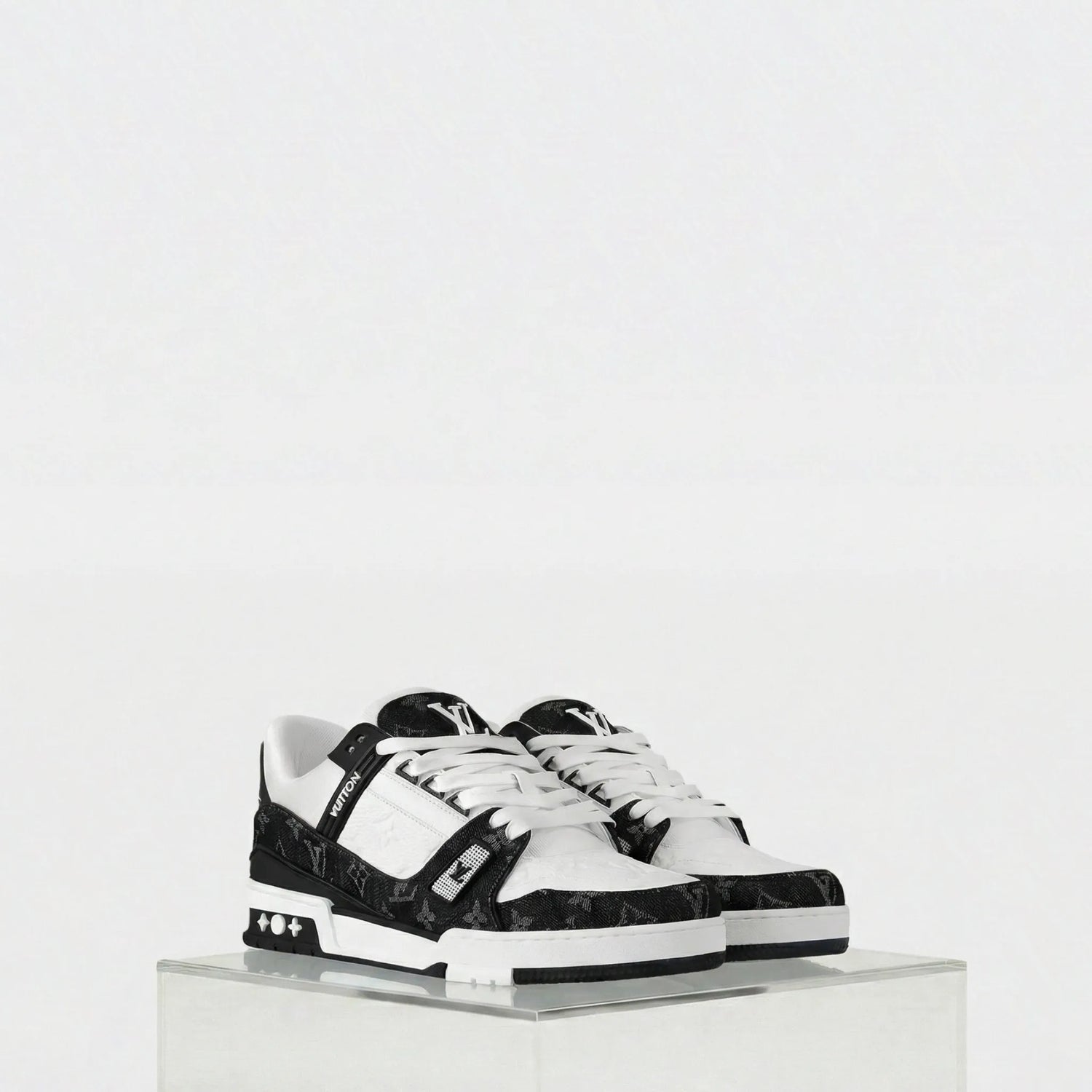 Louis Vuitton LV Trainers Monogram Denim and Monogram Calf Leather, Black, Front