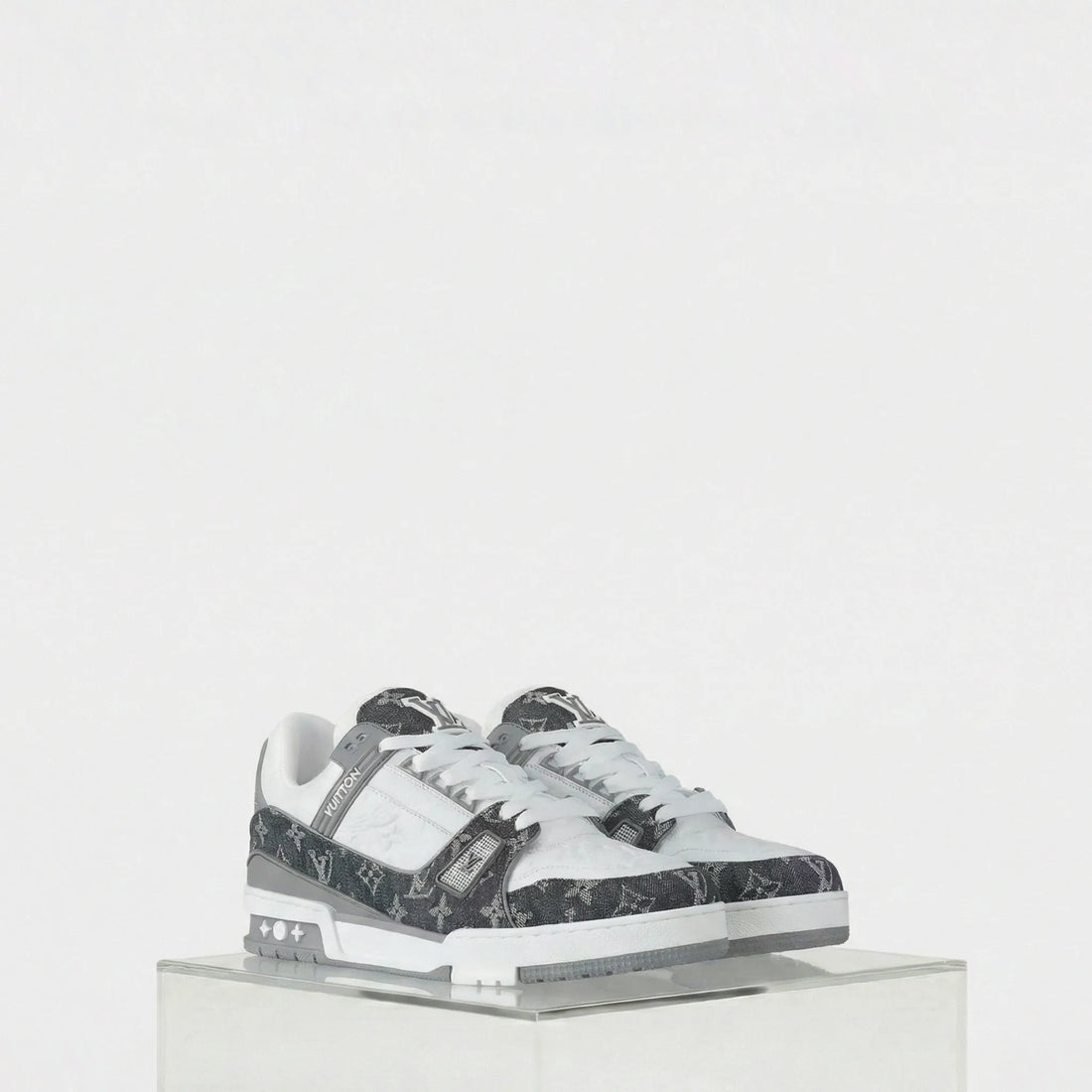Louis Vuitton LV Trainers Monogram Denim and Monogram Calf Leather, Grey, Front