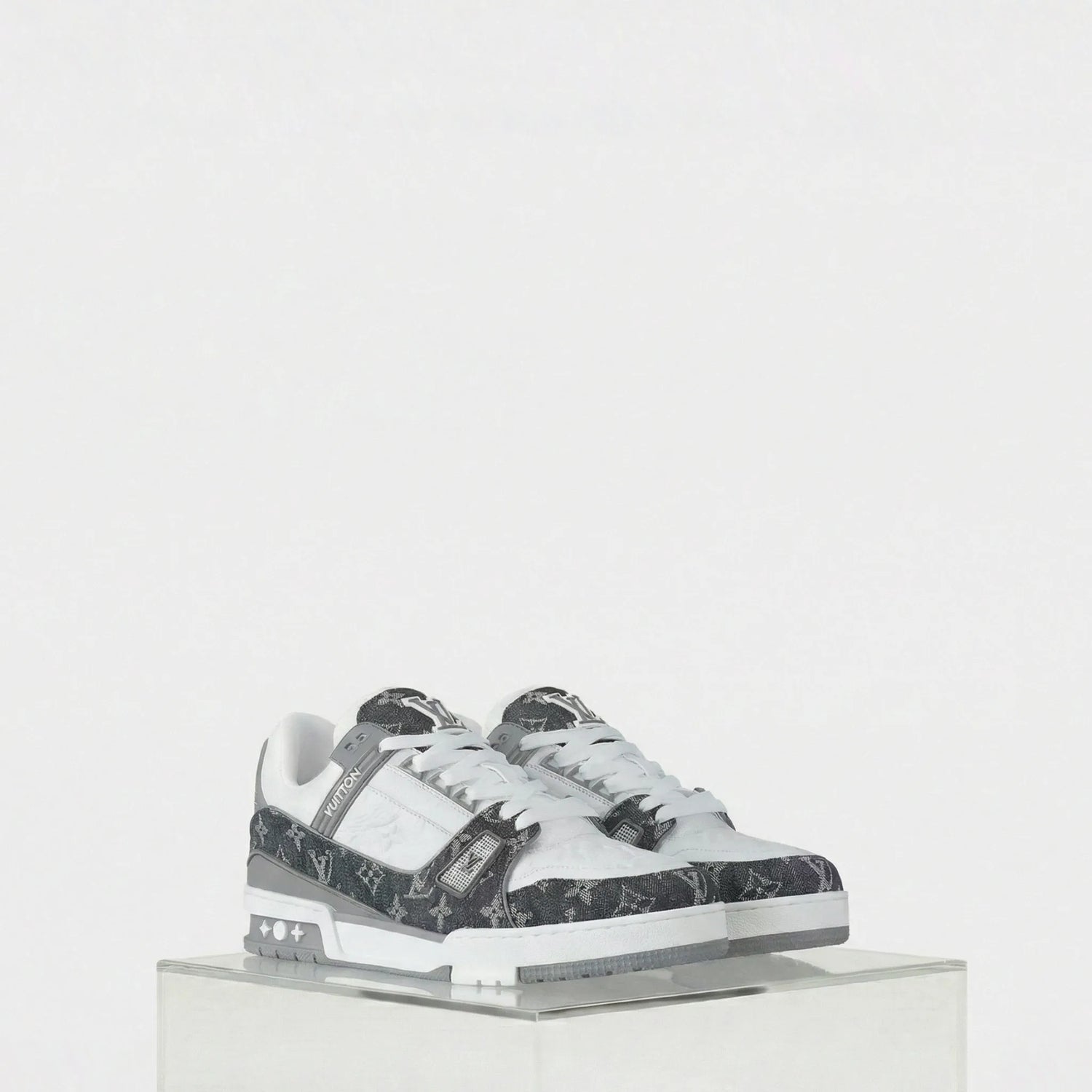 Louis Vuitton LV Trainers Monogram Denim and Monogram Calf Leather, Grey, Front
