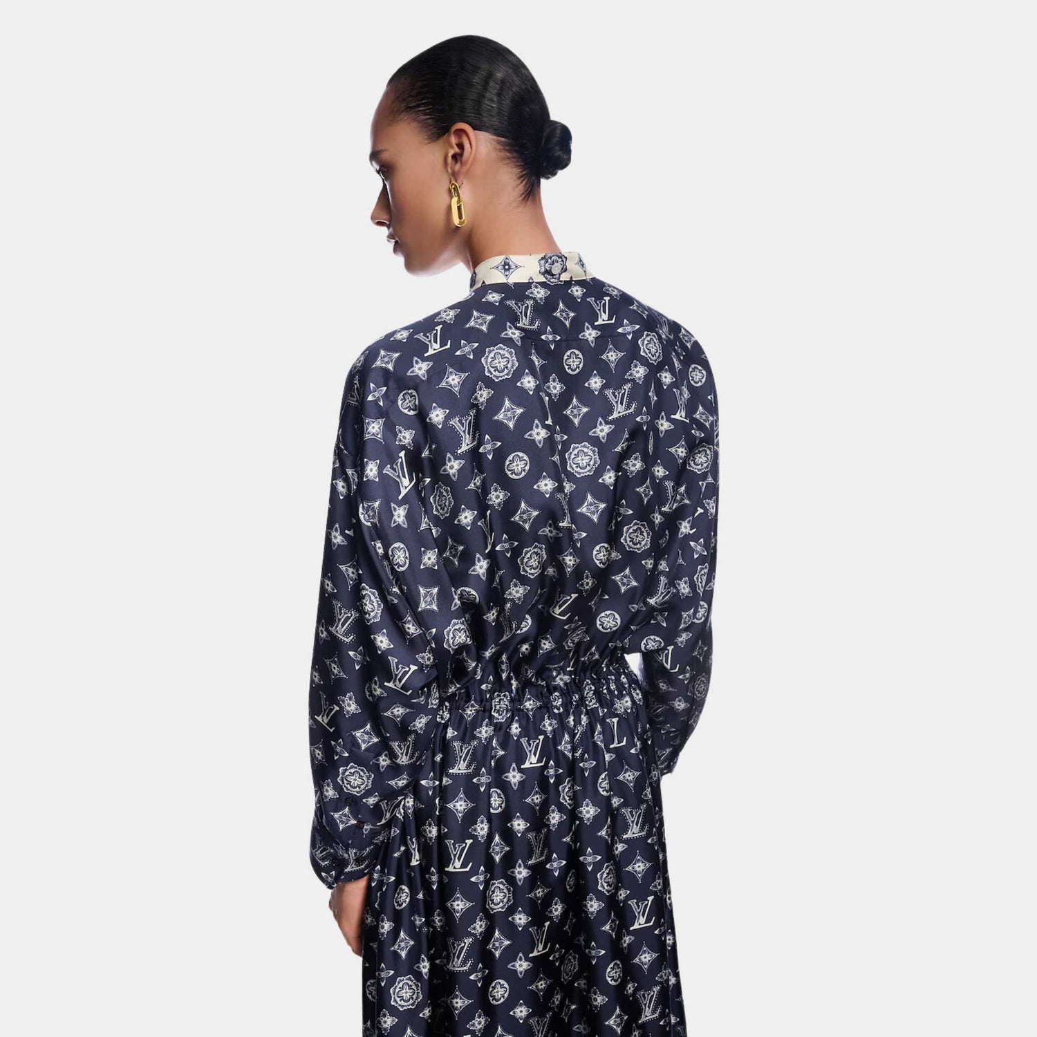 Louis Vuitton Monogram Silk Dress Navy, Back, Model