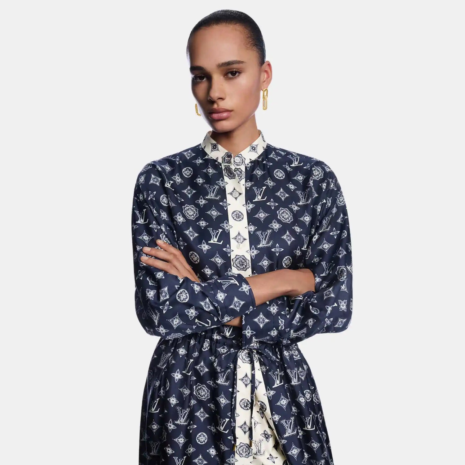 Louis Vuitton Monogram Silk Dress Navy, Model Front