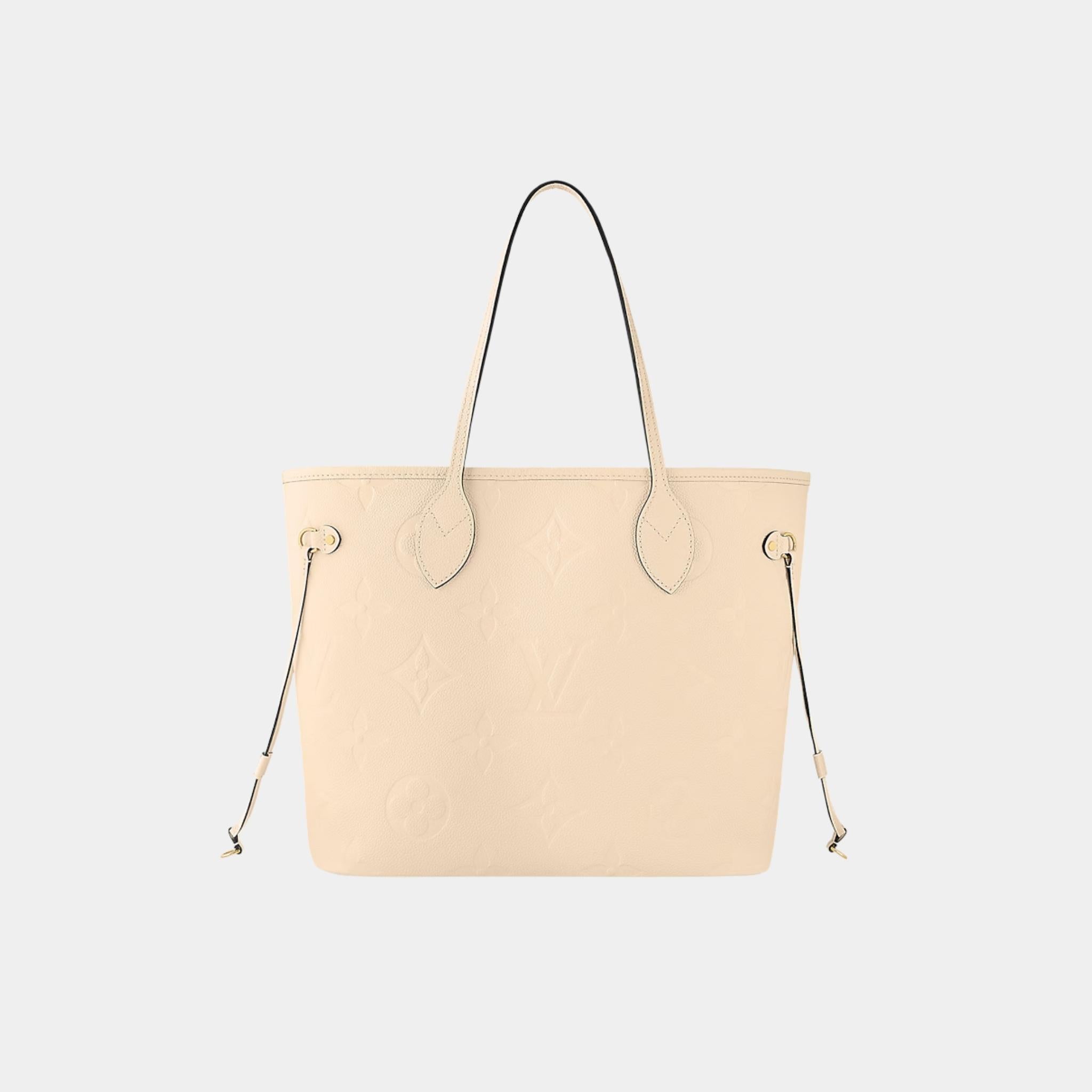 Louis Vuitton Neverfull MM Embossed Grained Cowhide Leather Handbag, Creme, Front