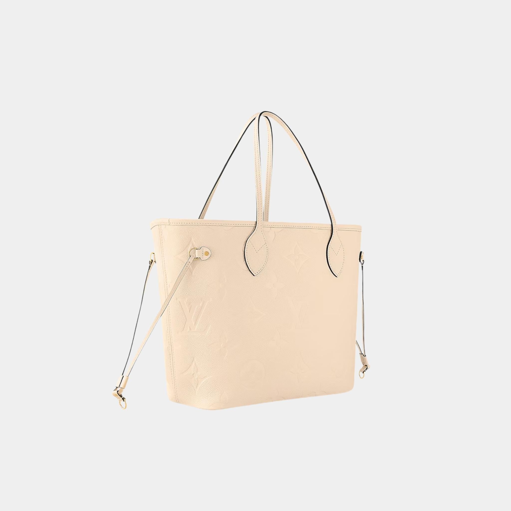 Louis Vuitton Neverfull MM Embossed Grained Cowhide Leather Handbag, Creme, Side