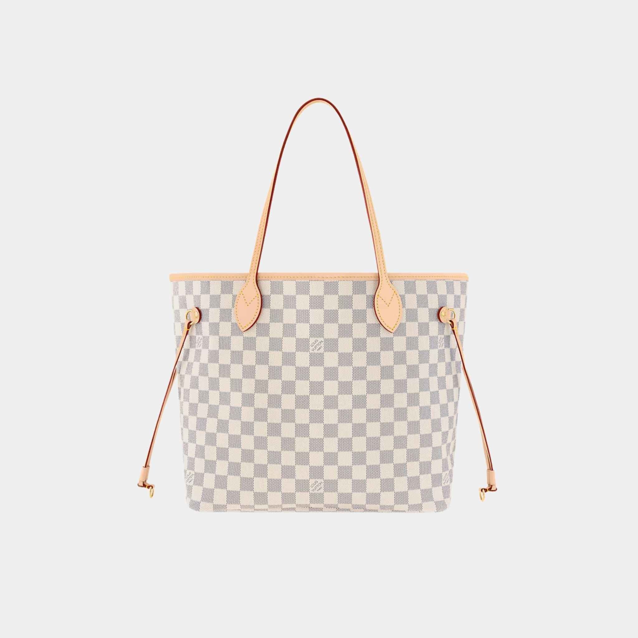 Louis Vuitton Neverfull MM Tote In Damier Azur, Rose Ballerine, Front