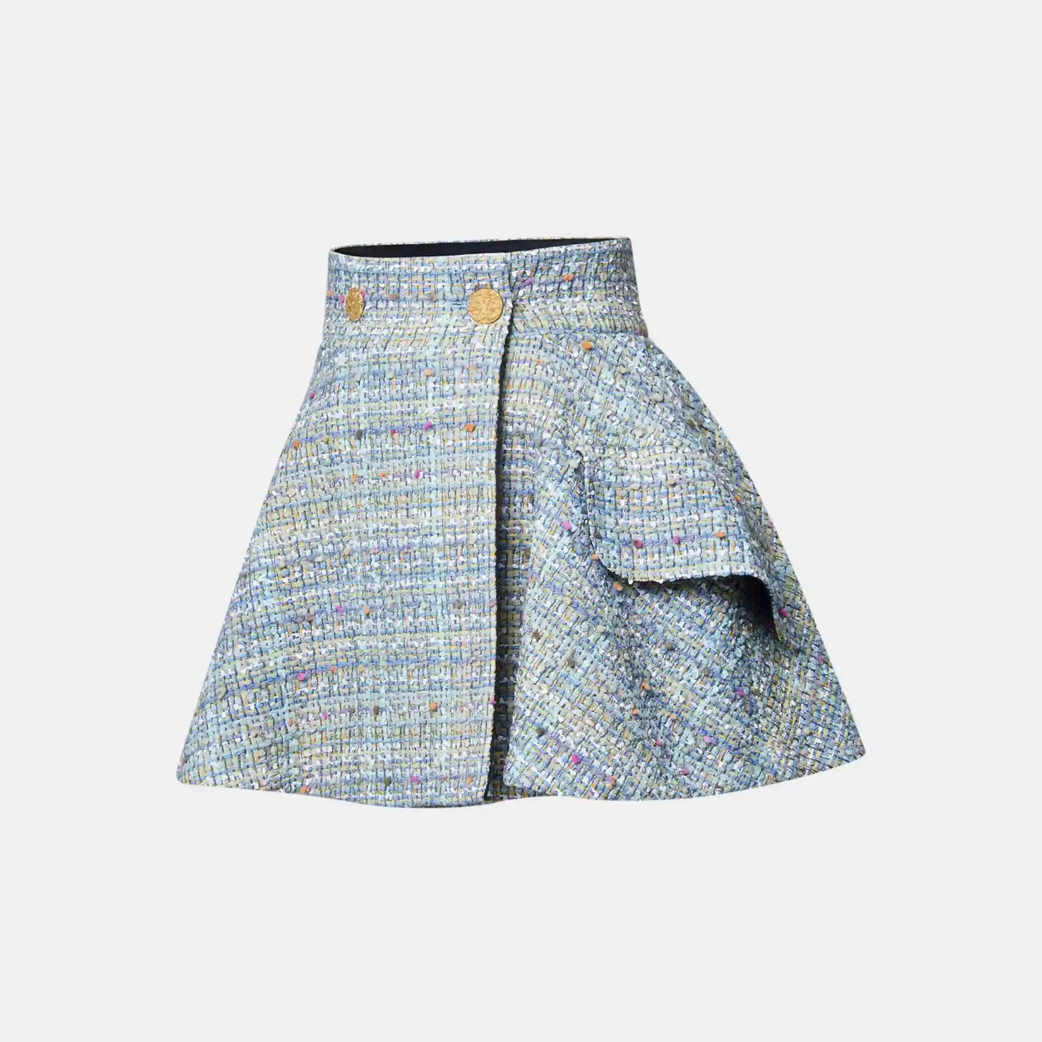 Louis Vuitton Tweed Mini Wrap Skirt Turquoise, Side
