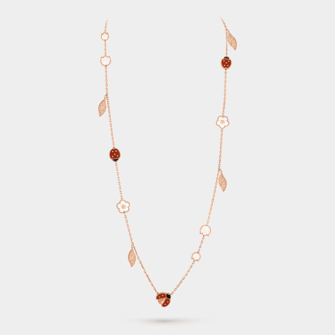 Lucky Spring Long Necklace 15 motifs Rose Gold Carnelian Pearl Onyx, Front