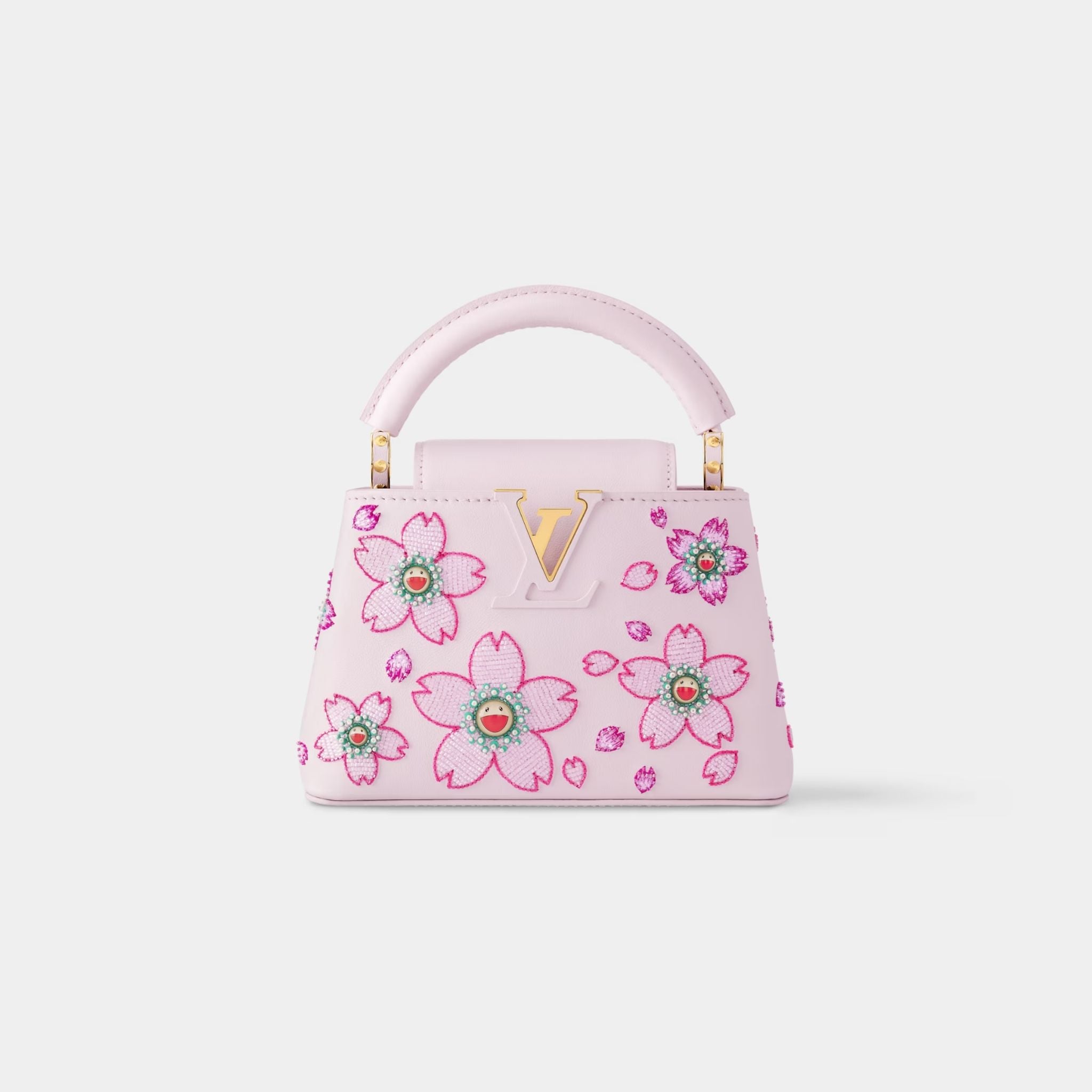 LV x TM Capucines Mini Handbag Lambskin Leather Cherry Blossom Motifs, Front