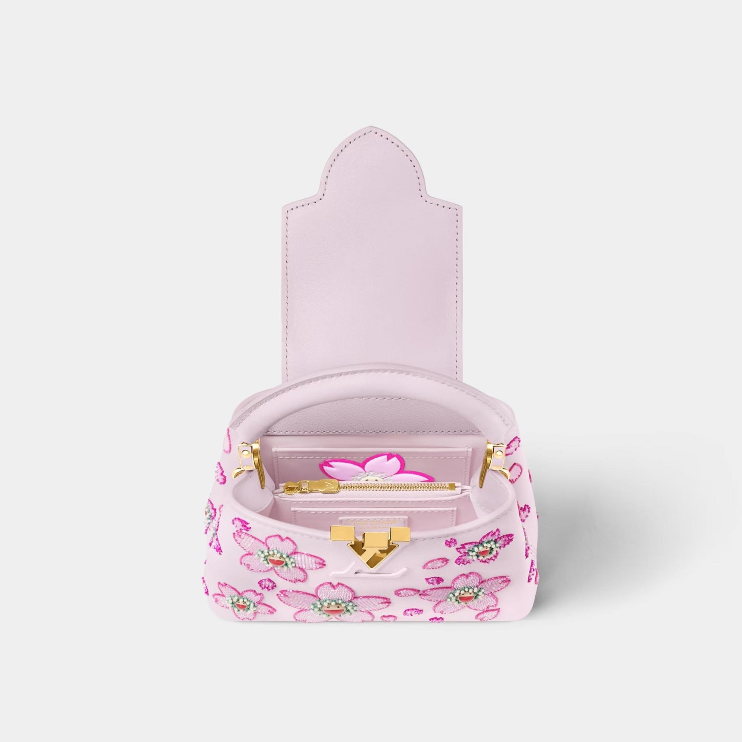 LV x TM Capucines Mini Handbag Lambskin Leather Cherry Blossom Motifs, Inside