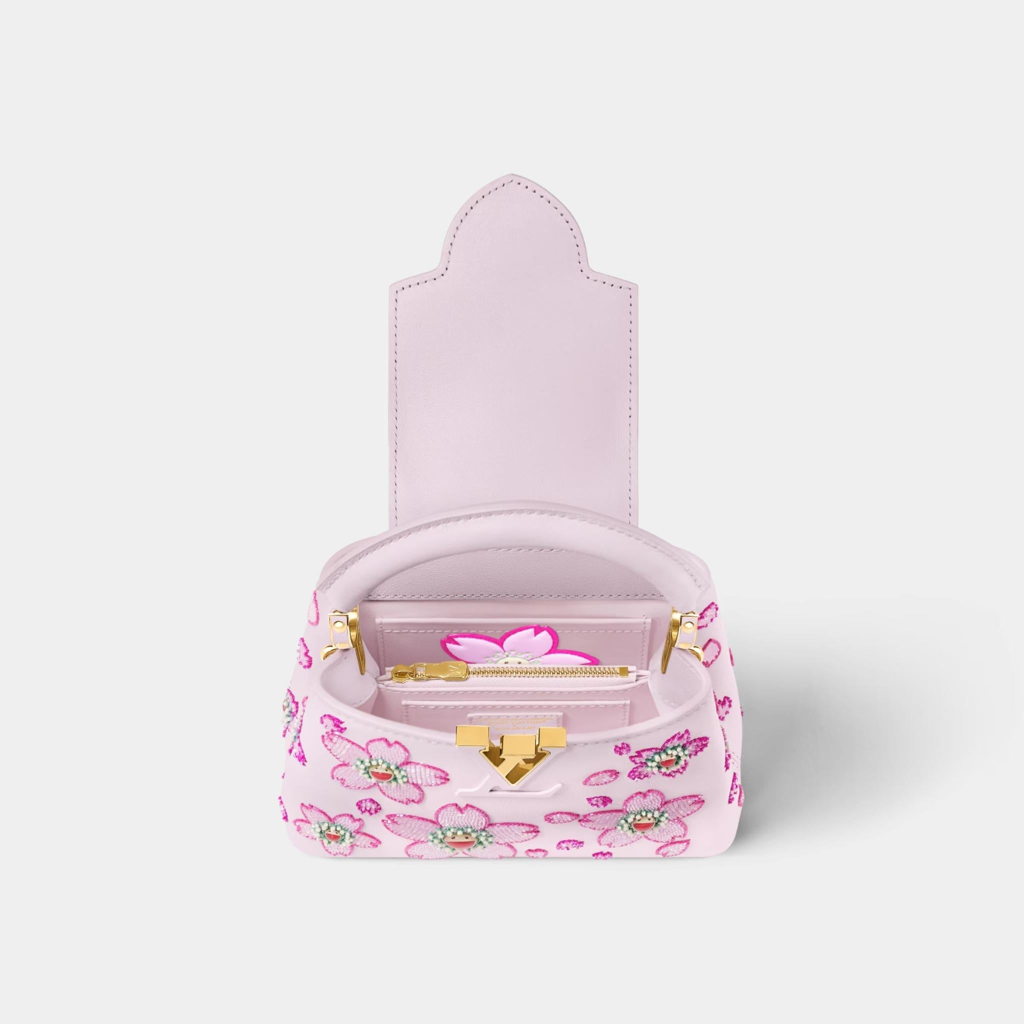 LV x TM Capucines Mini Handbag Lambskin Leather Cherry Blossom Motifs, Inside