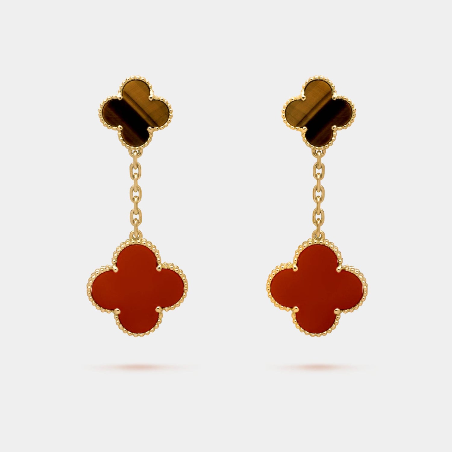 Magic Alhambra earrings 2 Motifs Yellow Gold Carnelian Tiger Eye, Front