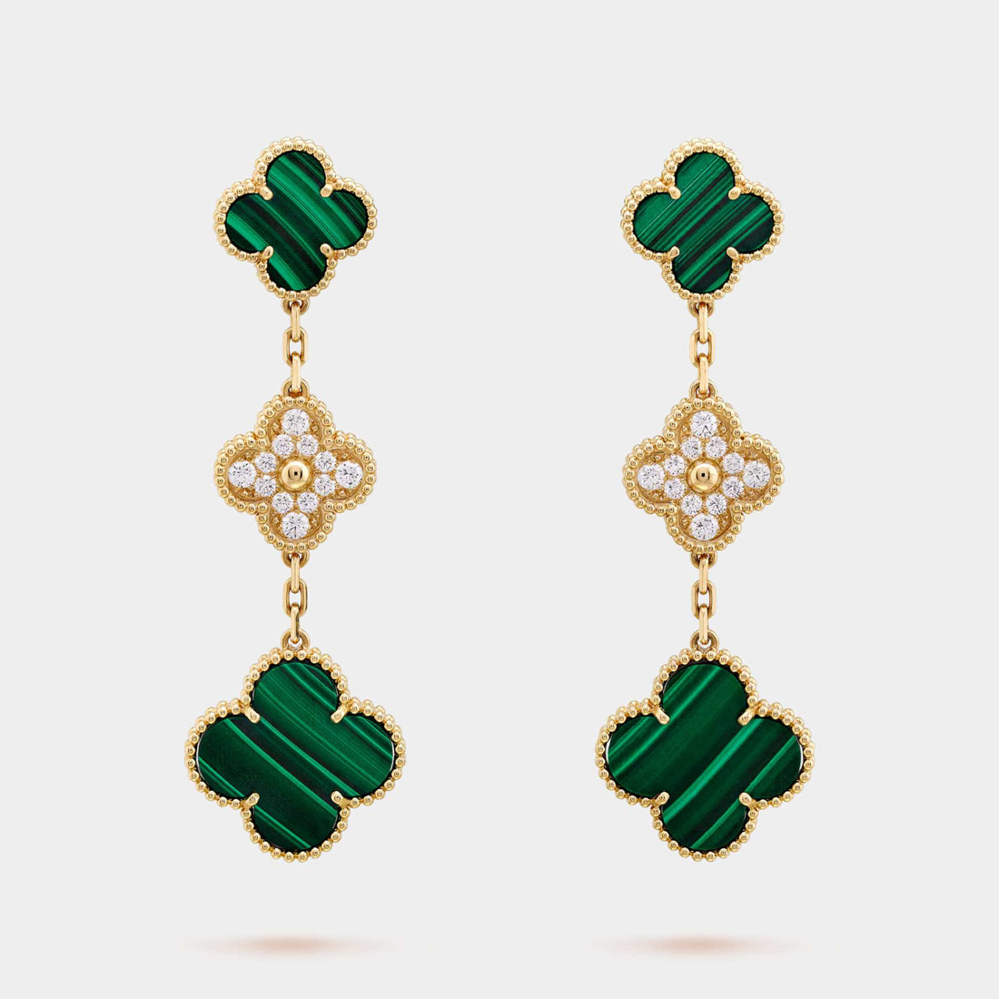 Magic Alhambra earrings 3 motifs yellow Gold Diamond Malachite, front