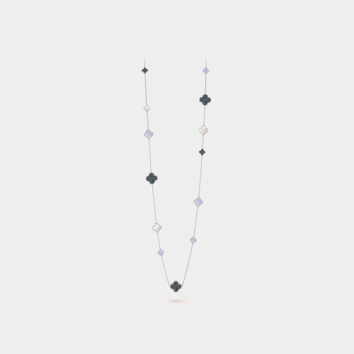 Magic Alhambra Long Necklace 16 Motifs White Gold Chalcedony Pearl, Front