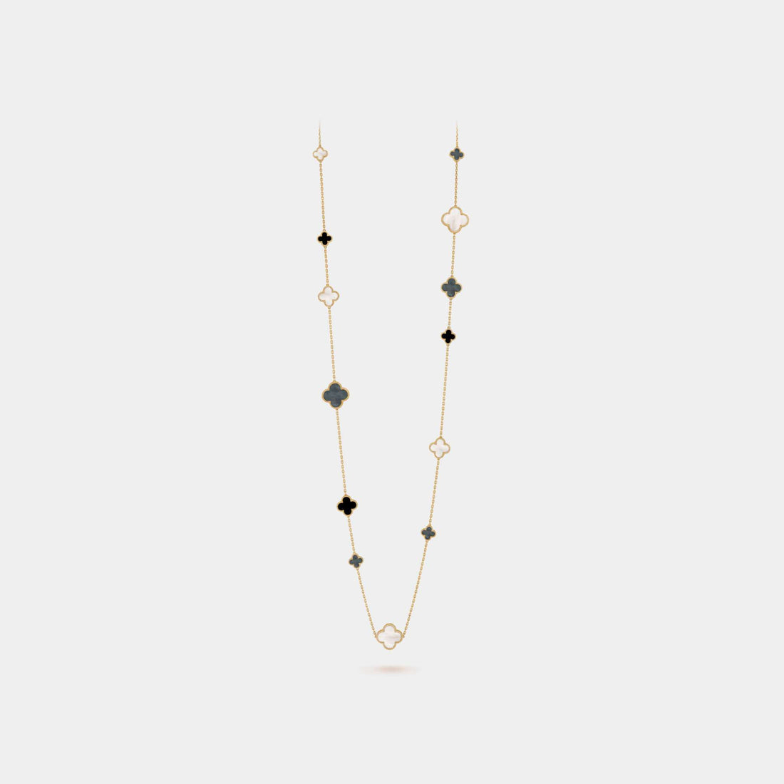 Magic Alhambra Long Necklace 16 Motifs Yellow gold With Pearl Onyx, Front