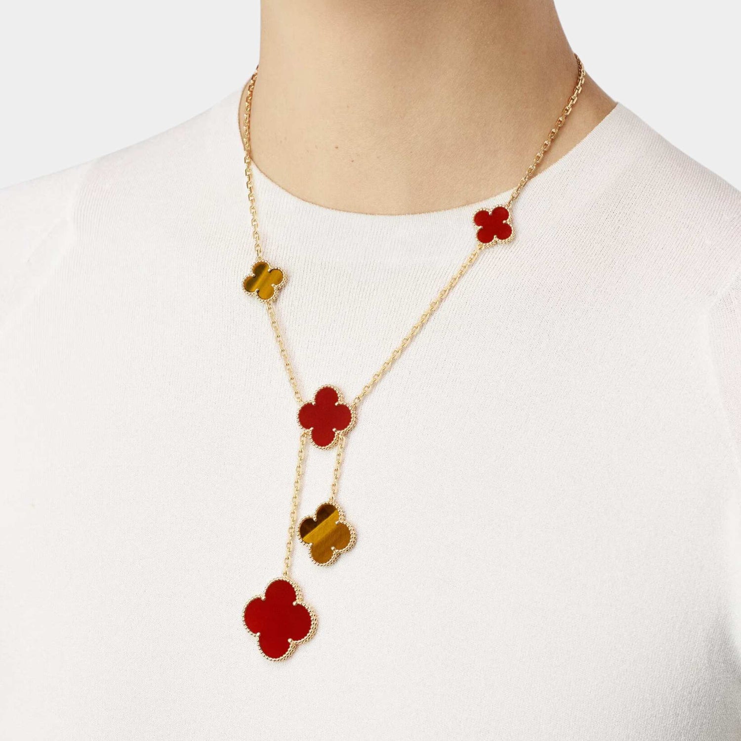 Magic Alhambra Necklace 6 motifs Yellow Gold Carnelian Tiger Eye