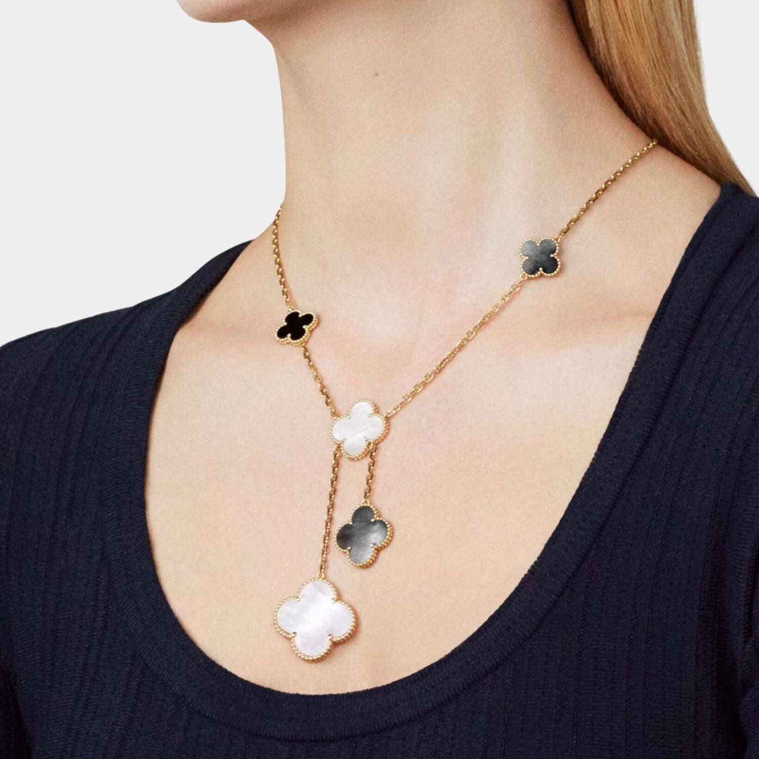 Magic Alhambra Necklace 6 Motifs Yellow Gold Mother Of Pearl Onyx, Model