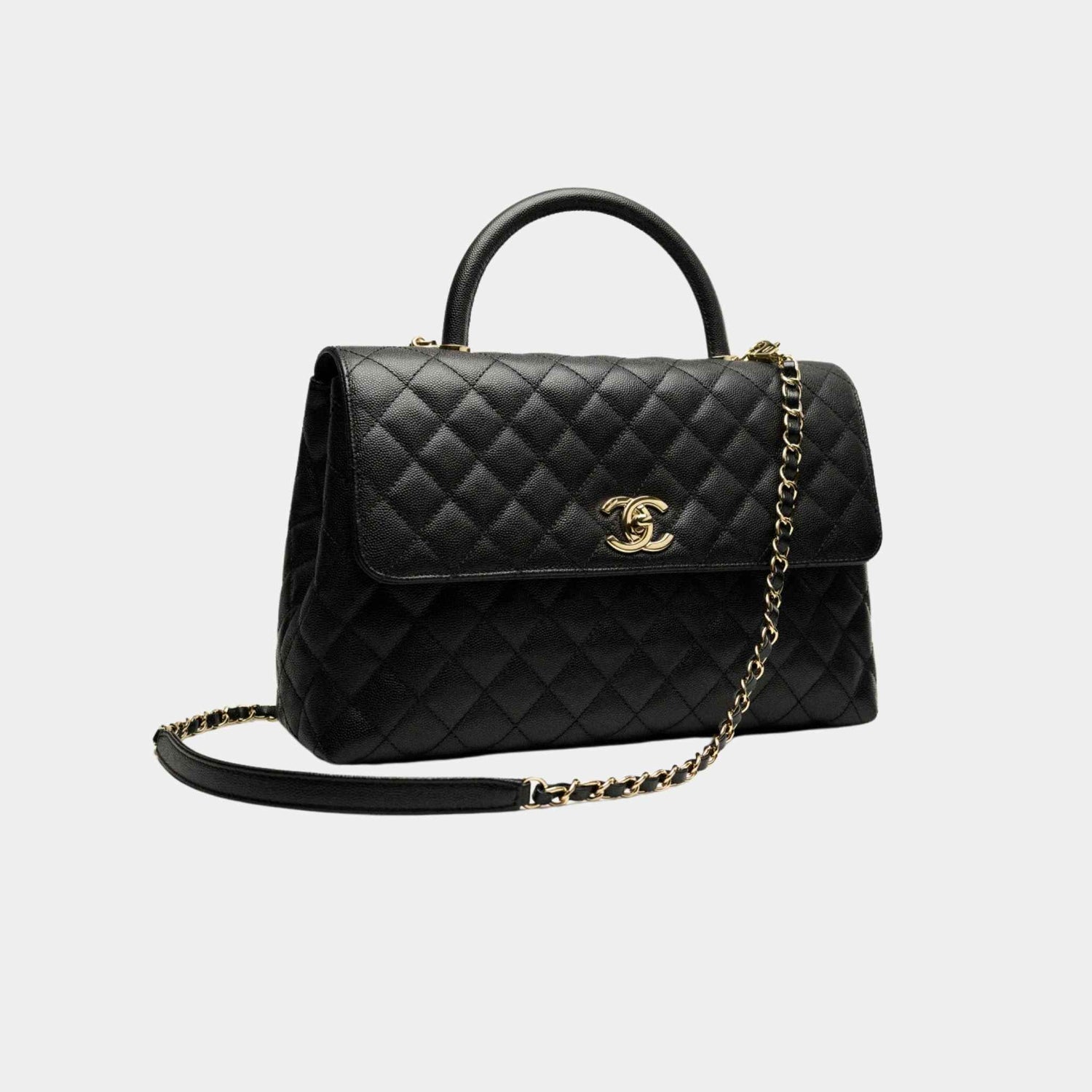 Maxi Flap Bag With Top Handle Grained Calfskin, Side