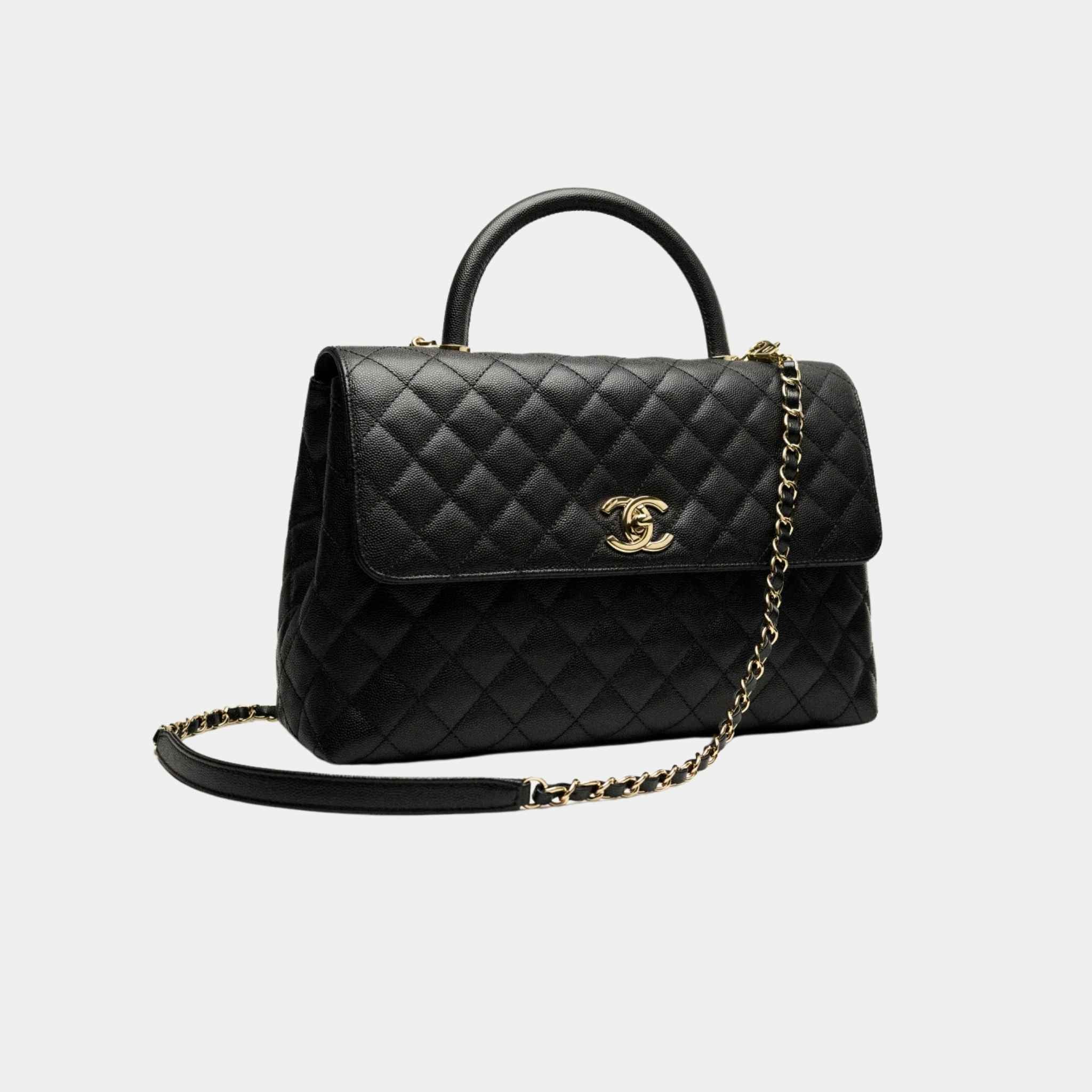 Maxi Flap Bag With Top Handle Grained Calfskin, Side