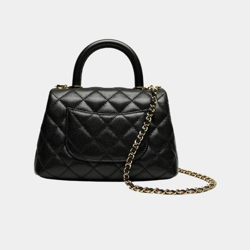 Mini Flap Bag With Top Handle, Grained Calfskin & Gold-Tone Metal, Black, Back View
