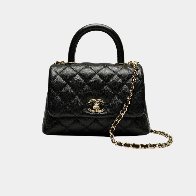 Mini Flap Bag With Top Handle, Grained Calfskin &amp; Gold-Tone Metal, Black, Front View