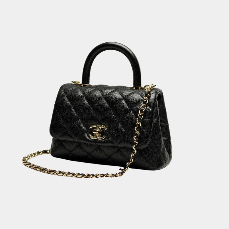 Mini Flap Bag With Top Handle, Grained Calfskin & Gold-Tone Metal, Black, Side View