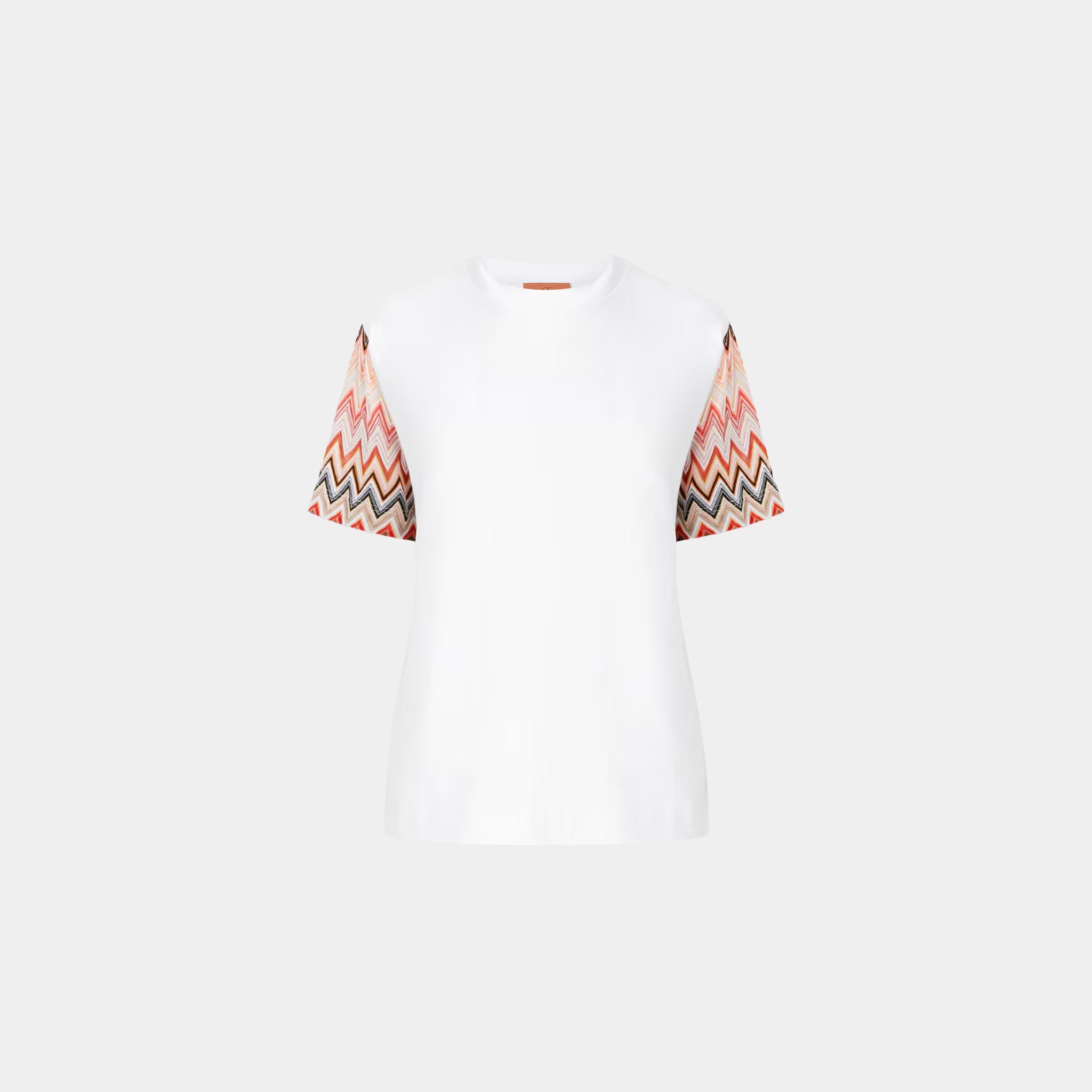 Missoni Crewneck T Shirt With Zigzag Knit Sleeves, White, Front